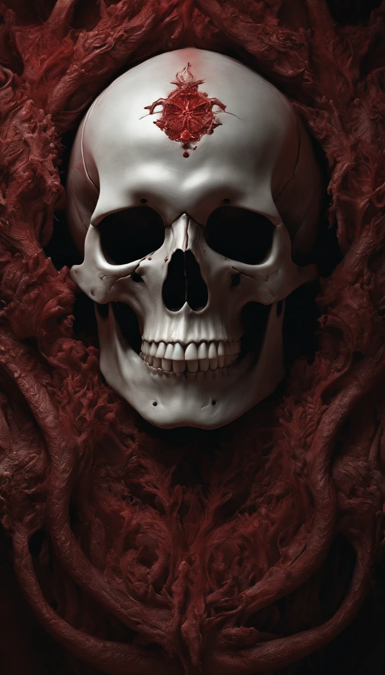 (ultra - detailed, A high resolution, Best quality at best, actual:1.37), Blood-red skull, Bone structure, full-body portraits, The presence of demons, fleshy texture, Surreal art, vivd colour, dramatic lights