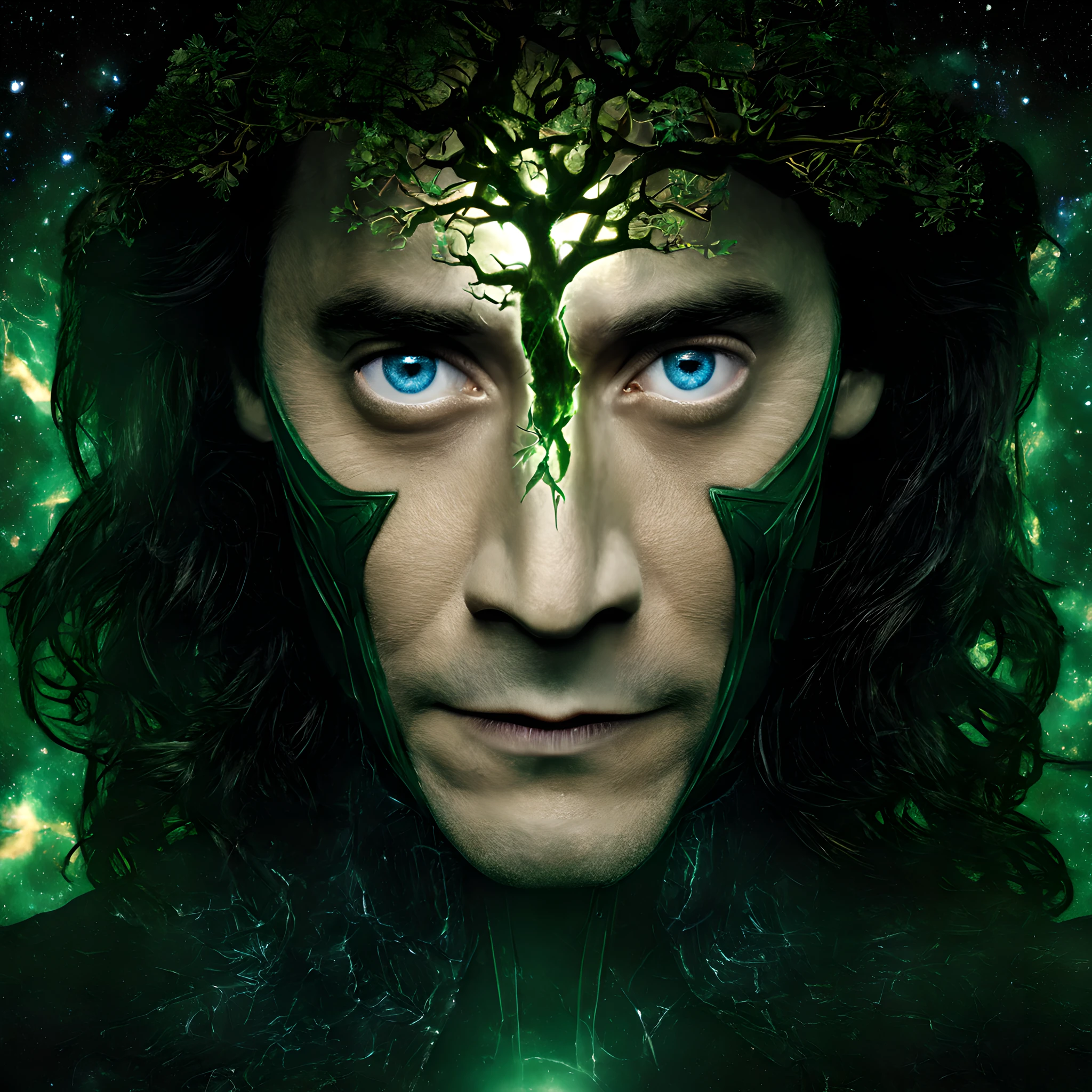 double exposure, closeup of face，Loki, the character from the Marvel movies， Green tree of life in the form of cosmic starlight