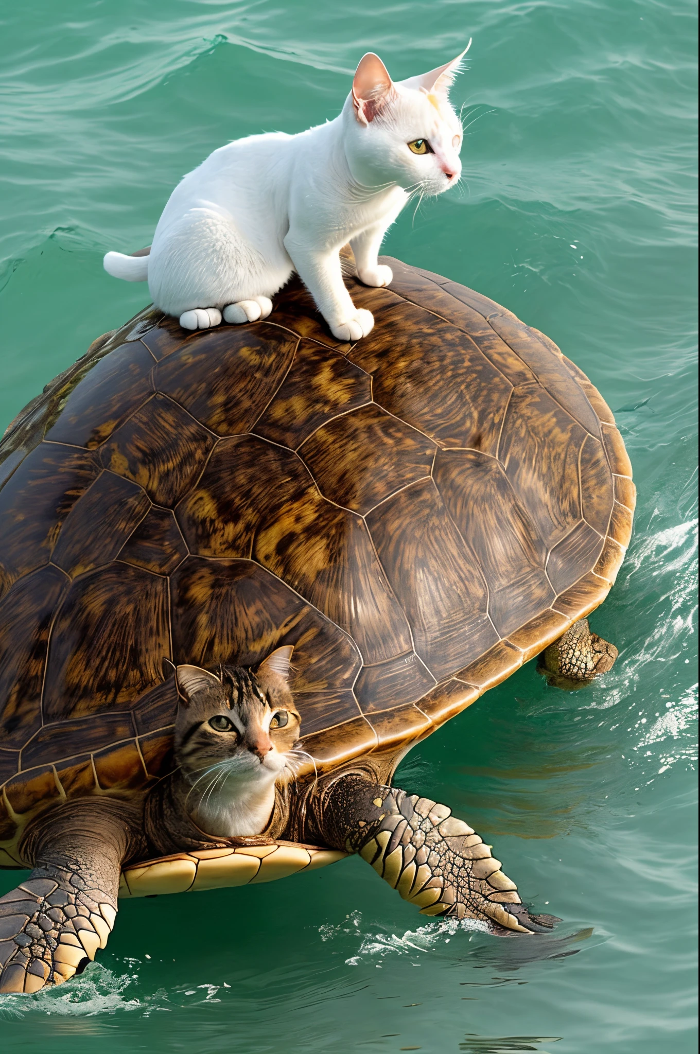A cat is riding a turtle in the sea
