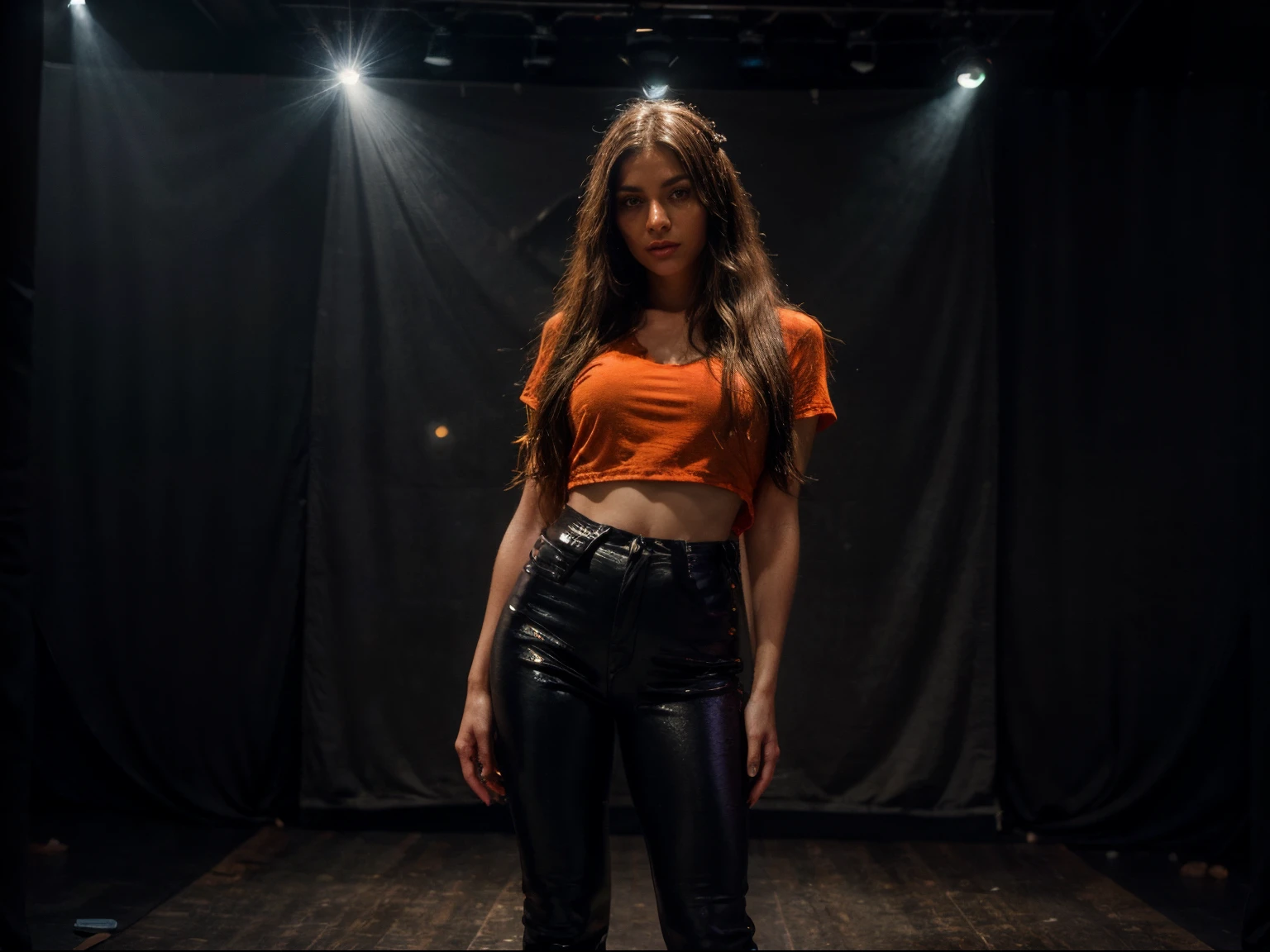 1 woman, she's performing live on small stage, standing on your feet:1.2, full body, low angle from the audience, POV, she's singing, deep soulful singer, (she's wearing orange shirt, black heeled boots and thirst trap tight pants:1.3) , (interior small club, smoky, dark, moody, intimate stage, microphone in stand, velvet drape glitter sequined backdrop:1.1), the violet blue spotlight is mesmerizing on her, a stunning beauty, badass native woman, confident, long styled hair, realistic photo, (45% of photo is black in drawing:1.4), (extraordinary fabric details:0.9),she is intensely looking camera, (cinematic spotlight effect:1.1), smoke in the room reflects lights,(Rembrandt lighting:0.9) ,(relaxed intimate photoshoot), beautiful face, (her hair is dark and long, beaded hair clips,), intense presence, (perfect posture:1.4), cozy relaxed, catching us, beautiful hands, kind eyes, gorgeous soft warm lighting:1.4,, incredible details, ((high contrast)), (deep, darkest shadows), (shadow details:1.0), ((taken using Leica camera, aperture: f/2.3)) , hyper-realistic skin, pores, scar, mole, (natural landscape details), healthy skin,, her arms feel the music, movement,she's standing, relaxed moment, she's in dark with natural light glow, Michael David Rock, Todd Owyoung, Katy-Rose Cummings, Anton Johannes Gerrit Corbijn danny clinch, (romantic light:1.2), radiant skin, perfectly framed face, perfect relaxed hands, perfect fingers, (perfect portrait, incredible eyes:1.1), a work of art, beautiful composition, golden ratio, contrast, inspiring, (highest quality fabric texture), every detail,Fine facial features – (Highest Quality) ,Leica camera film, High quality ○○ detailed – ○○ details ultra detailed(Ultra-fine ), Photorealistic, Extremely detailed(Extremely detailed) , (highest detail image, lens flare, realistic)○○ res – ○○ resolution ultra high res(A high resolution),playful relaxed photos