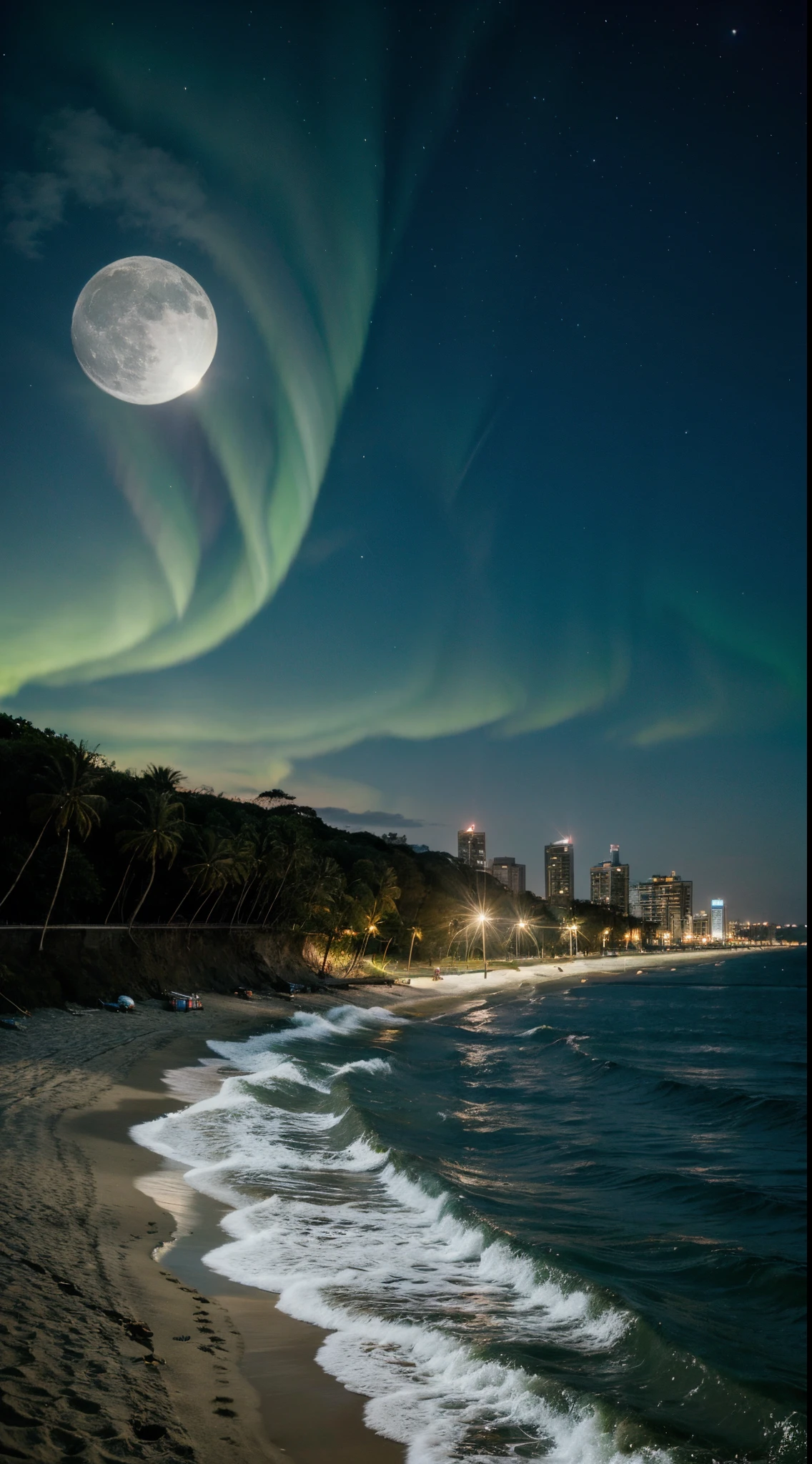 Beach in São Paulo, moonlight, aurora boreal, feeling 80s style, smartphone wallpaper