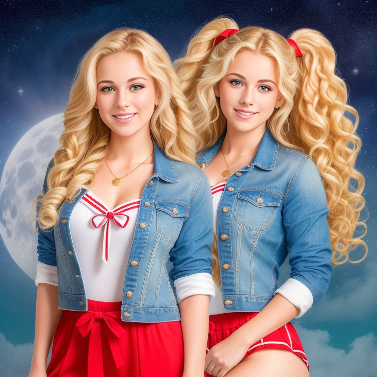 (best quality, RAW photography, extremely detailed, 4k,8k,high res,masterpiece:1.2),ultra-detailed, photorealistic, full body shot,golden bred (blonde & red) wavy hair in braided styles Mature and beautiful, realistic portrayal:1.2 Sailor Moon smiling posing for a photoshoot, dressed up in jeans. The backdrop is full of moons