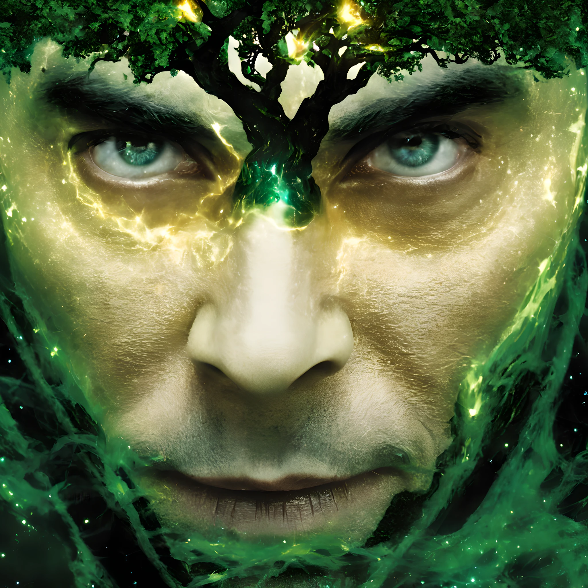 double exposure, closeup of face,Loki, the character from the Marvel movies, Green tree of life in the form of cosmic starlight