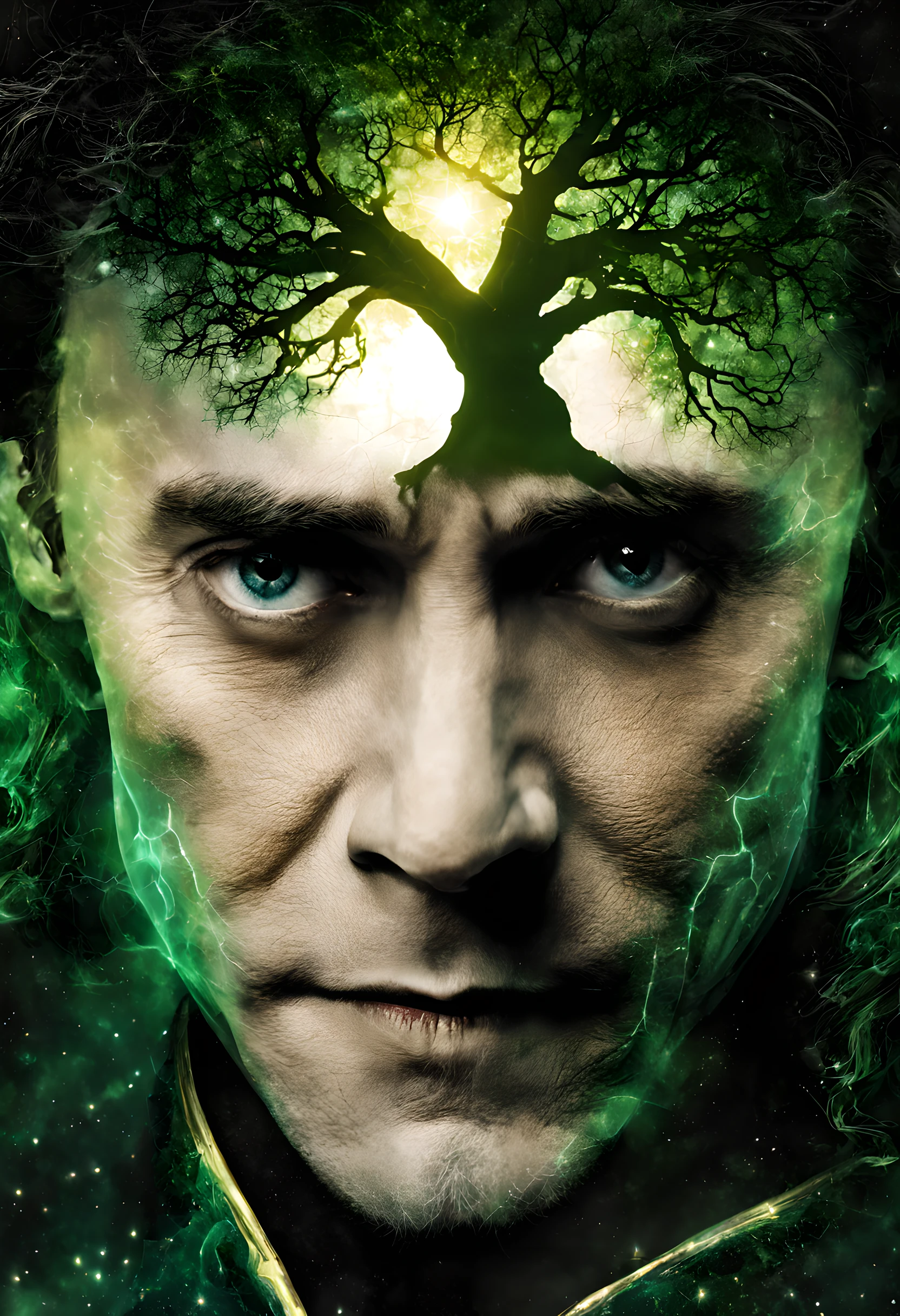 double exposure, Loki, the character from the Marvel movies， sideways face,  Green tree of life in the form of cosmic starlight