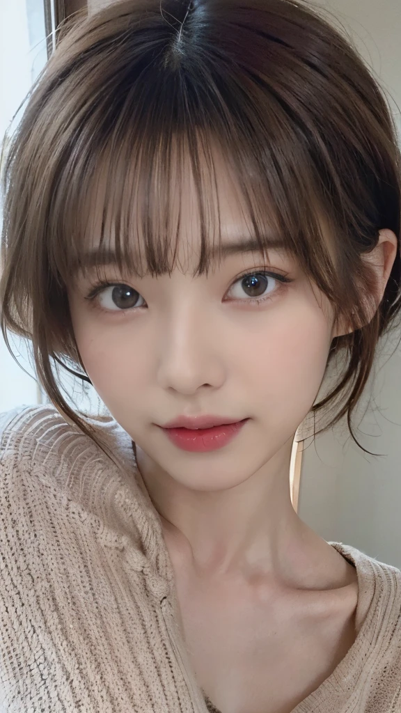 (tmasterpiece:1.3), (8K, 真实感, Original photography, Top image quality: 1.4), Japanese high school girl、(random hair style:1.2)、Chopping:1.2、Super detailed faces、Eye of detail、二重まぶた、Bring your chest together、lock focus:1.2、Beautiful woman:1.4、Light brown hair、top-quality、tmasterpiece、超高分辨率、(真实感:1.4)、Highly detailed and professional lighting smile、Loose and lightweight knitwear、shoulders outward、elongated、serious expressions、Short hair details、Fatal position