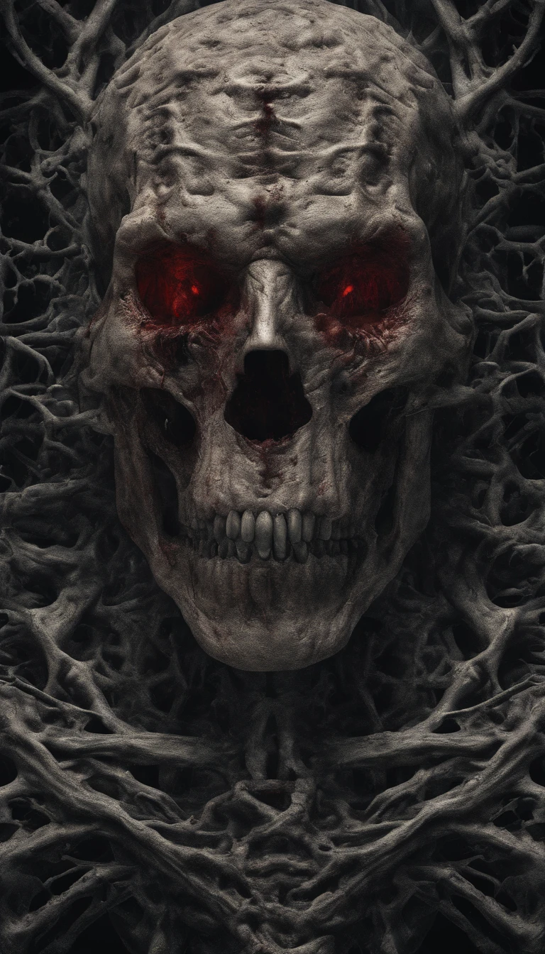 (ultra - detailed, A high resolution, Best quality, actual:1.37), Blood-red skull, Bone structure, full-body portraits, The presence of demons, Meat texture, Surreal art, vibrant with colors, dramatic lights