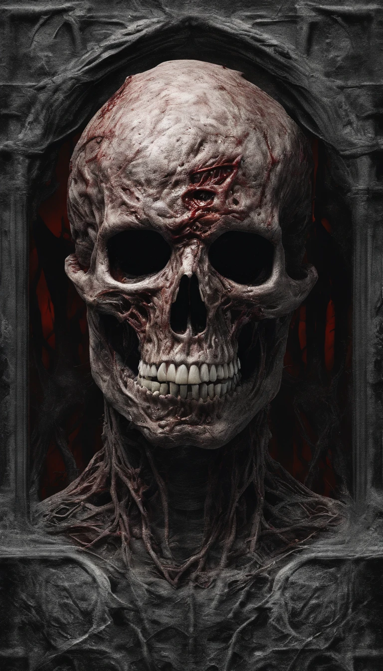 (ultra - detailed, A high resolution, Best quality, actual:1.37), Blood-red skull, Bone structure, full-body portraits, The presence of demons, Meat texture, Surreal art, vibrant with colors, dramatic lights