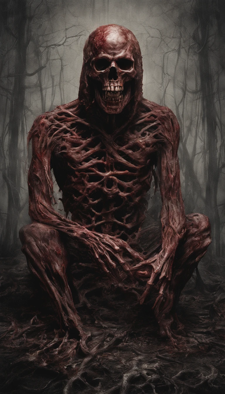 (ultra - detailed, A high resolution, Best quality, actual:1.37), Blood-red skull, Bone structure, full-body portraits, The presence of demons, Meat texture, Surreal art, vibrant with colors, dramatic lights