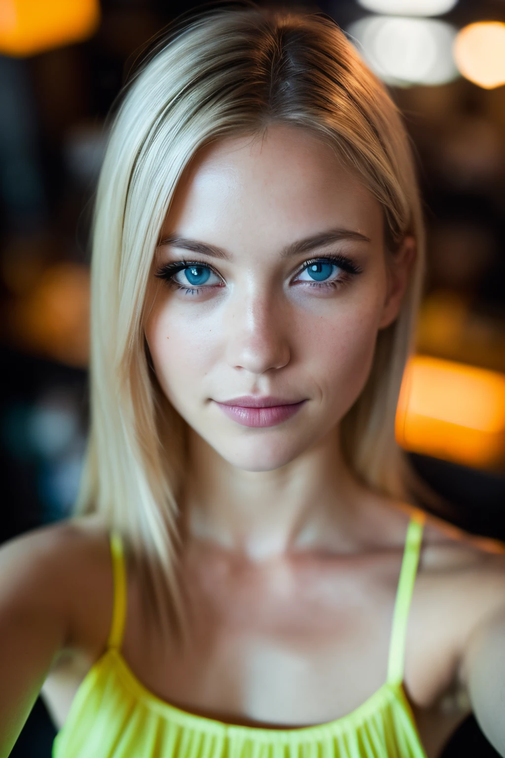 (selfie shot, from above: 1.4), (half-body portrait: 1.4), 24-year-old blonde (blue-eyed woman) walking in a bar RAW uhd portrait photo, natural breast_b, city background at night, (yellow sundress), (crack), detailed (texture!, hair!, shine, color!!, flaws: 1.1), highly detailed glowing eyes, (looking at camera), specular light, dslr, extreme quality, sharp focus, sharp, dof, Film grain, (centered), Fujifilm XT3, crystal clear, center of frame, cute face, sharp focus, street lamp, neon lights, bokeh, (dark light), low key, night, (night sky ) detailed skin pores, oil Dark skin, brown, complex eye details, f-stop 1.3, camera Hasselblad H6D-400c MS