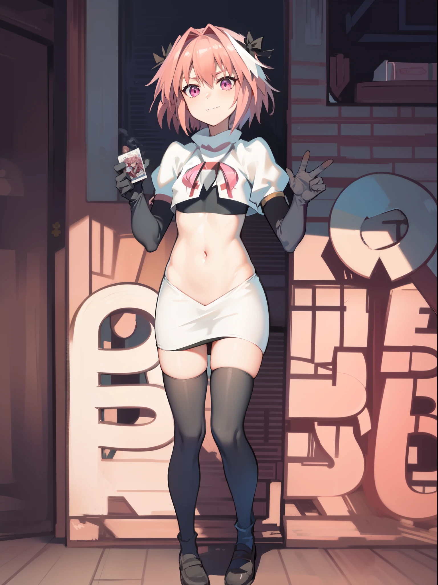 absurdres, masterpiece, best quality, (astolfo fate:1.2155), 1boy, male focus, trap, pink multicolored hair, pink hair, white hair, hair intakes, long hair, pink detailed eyes, crossdressing,1boy,team rocket,team rocket uniform,white skirt,crop top,black thigh-highs,black elbow gloves,