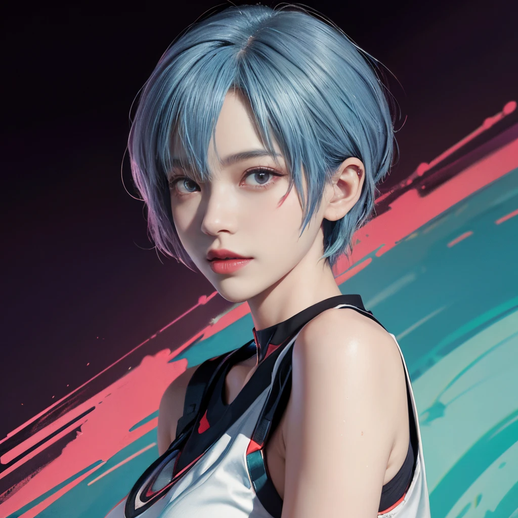 Masterpiece portrait of a smiling Rei Ayanami (Evangelion), Evangelion (Hideaki), Caustics, High resolution illustration, Red Eyes, Feminine, no pupils, Blue hair,  Short hair, Japan school uniform, lowfers, swpunk, Synth Wave, Paint splatters, shaded flat illustration, Digital Art, Trending on ArtStation, Highly detailed, Fine detail, Convoluted, Splatter, Outrun, Vaporware, neon color