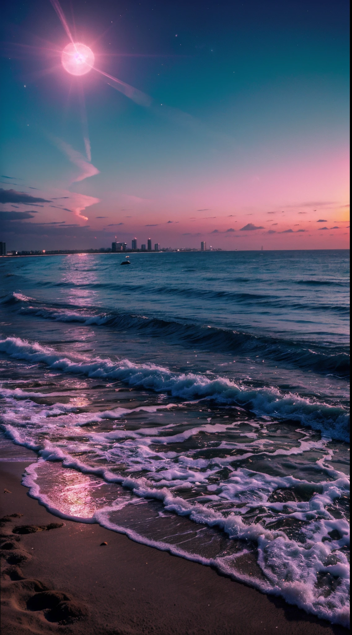 Beach in São Paulo, moonlight, aurora boreal, feeling 80s style, smartphone wallpaper, pink filter vapor wave