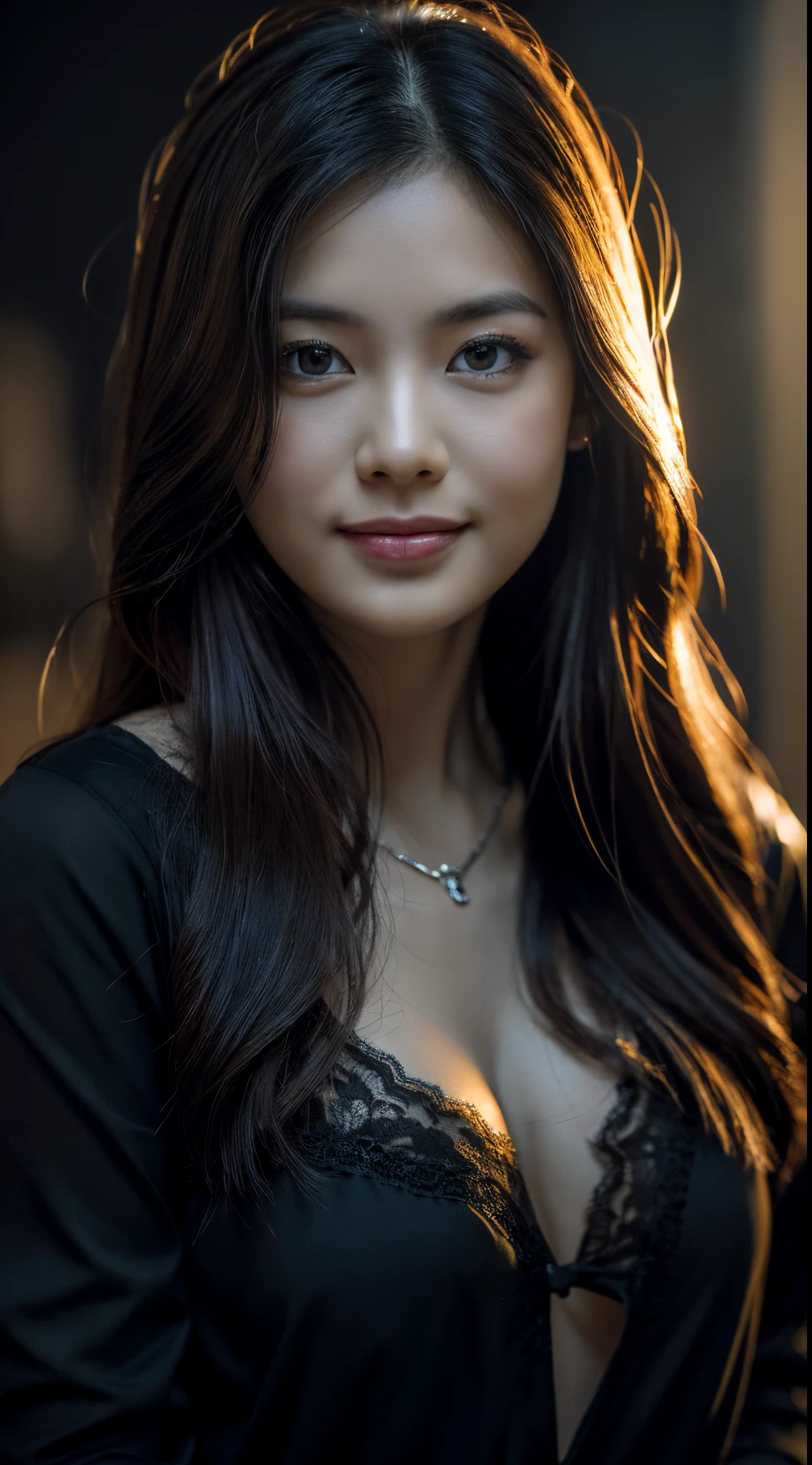 highest quality, epic realistic, ((in the pitch black darkness :1.4)), ((portrait:1.5)),(background: dark ) high contrast ,glorious picture, lowest lux, lighting face, she's comfortable, dark plain shirt, looks incredible, (8k, Raw photo, Highest quality),(epic realistic:1.5), a woman, face,(detailed eyes:0.8),(looking at the camera:1.4), (Highest quality), ( high contrast, deep shadows),Intricate details,cinematic,((skin:1.4)), (long dark hair:1.3), long hair, messy ,(Hdr:1.5),Detailed, colors, Superior quality, ( starry sky: 1.4), Masterpiece, Raw Photo (20-year-old, looking at viewer), beautiful, (wearing dark shirt,), perfect, natural, perfect composition, portrait, perfect face, smiling expression, Captivating eyes, Bright details, Tight lips, (High Skin Detail),, (blue tint: 0.6), (sale: 0.8), (bloody: 0.7), Key lighting , (backlight: 0.5), Medium depth of field, Canon 5d, 50mm lens, f/4 apertures, (Ultra-detailed, Complex detail), sharp focus, soft colors, 8k, Absurd, 80mm, dark background, photography, smiling, pinay, filipina, small boobs
