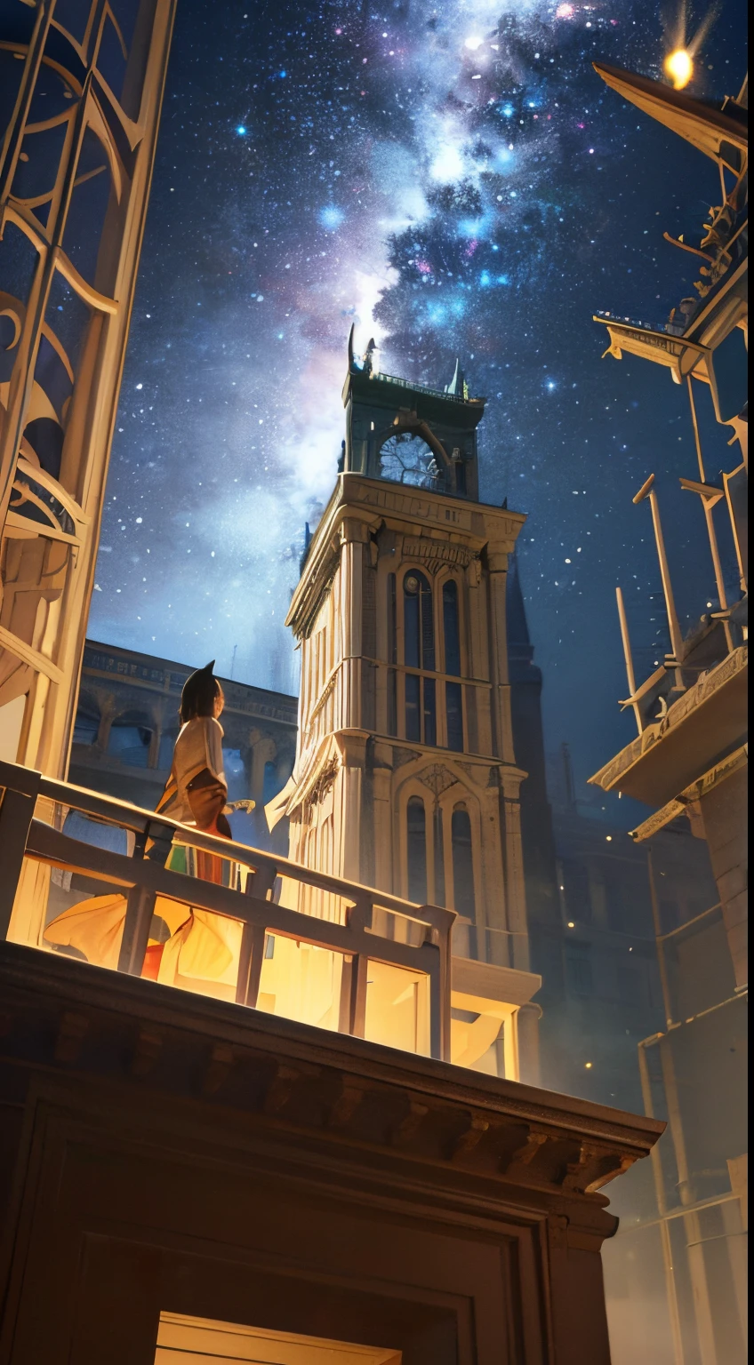 Larry Elmore, Maurice Sendak, Surreal, mysterious, bizarre, fantastical, keiko Takemiya, fantasy, sci-fi, Japanese anime, Construction of the Tower of Babel, A beautiful high school girl in a miniskirt supervises the construction while looking at the blueprints, perfect voluminous body, Beastmen, giants, and humans work together to buildわthe tower, steamship floating in the sky Carrying luggage, bright dawn, faint glimpses of the moon, stars, and galaxies Detailed,  sense of dynamism masterpiece