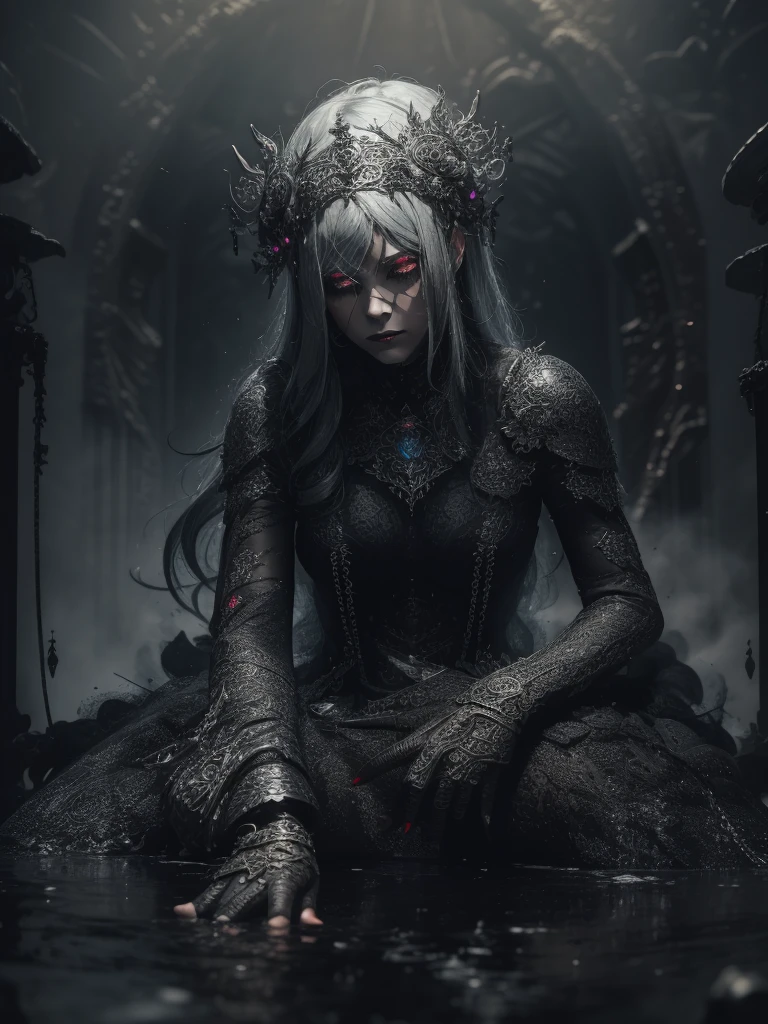 ((masterpiece, ultra detailed)), concept art, illustration, digital art, 1girl, solo, pale young woman surrounded by black smoke with ash ((angry face)) hidden in gothic cathedral, ( (very long hair, black hair)),((red iris and pupil)), knight, silver black knight armor, ((incredibly beautiful)), beautiful eyes, dynamic pose, battle posture ready, elegant pose, red ash, black volumetric smoke dense dark theme, black smoke with ash, dark theme, hdr, bloom, bright, dimming lighting, backlight, cinematic lighting, soft lighting, natural lighting, dramatic lighting, dark lighting, (ornate), intricate, highly detailed, hyper-realistic, trend in artstation, award-winning, fascinating, elegant, RAW photo, absurd, highres, 4k, studio quality, octane, 8k uhd, League of Legends close-up, splash art, ha, Ionia, Noxian armor