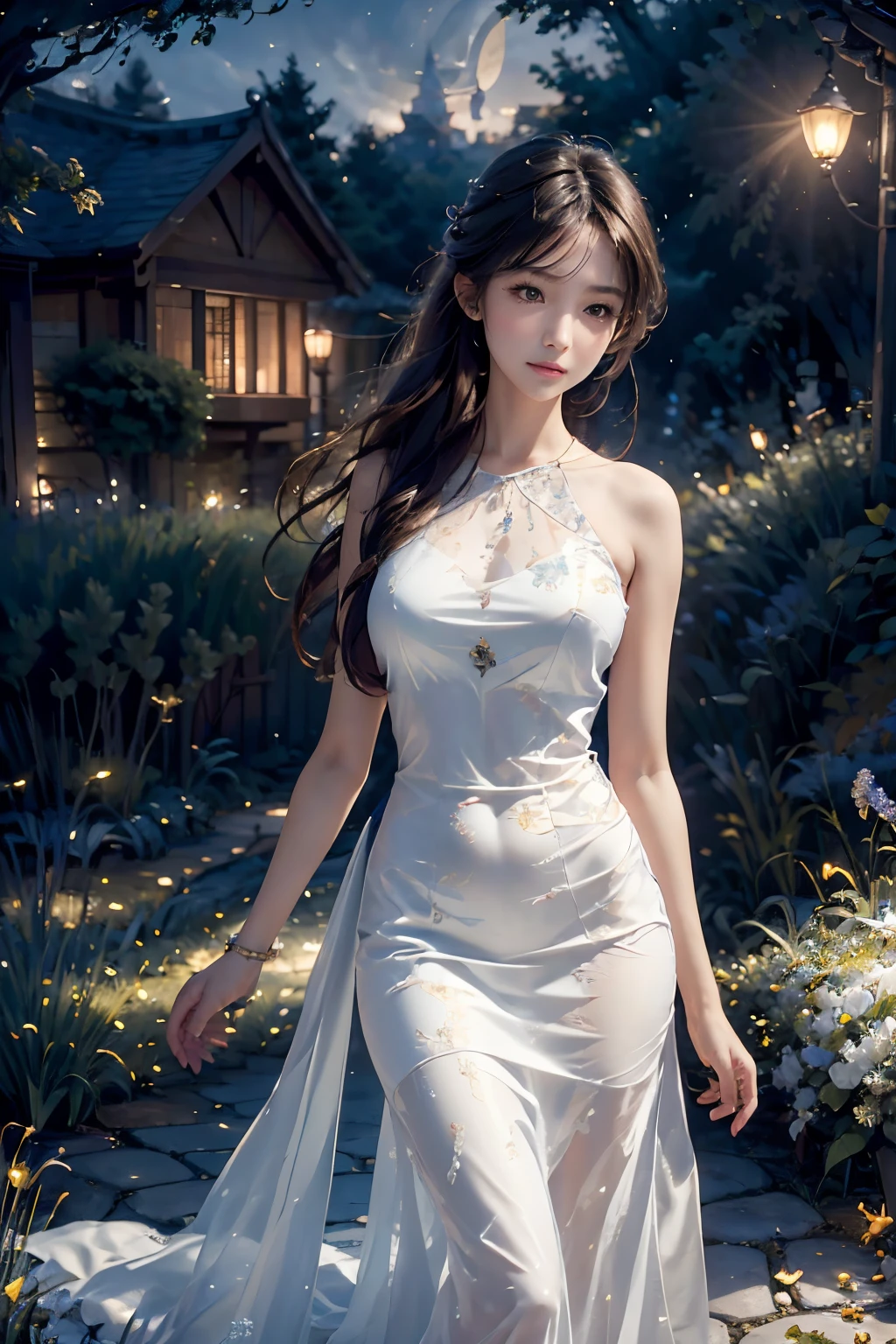 (best quality,4k,8k,highres,masterpiece:1.2),ultra-detailed,(realistic,photorealistic,photo-realistic:1.37),a girl in a garden,night sky,star-filled sky,crescent moon,city streets,illustration,soft brushstrokes,dreamlike atmosphere,vibrant colors,gentle moonlight,quiet ambiance,lively cityscape,enchanted garden,lush greenery,splendid floral arrangements,sparkling stars,distant city lights,romantic atmosphere,serene expression,sundress,flowing hair,dancing fireflies,magical aura,peaceful energy,whispering breeze,whimsical scenery,tranquil setting,starlight reflecting on leaves,faint sounds of music and laughter,happiness and tranquility coexisting,nighttime serenade,fascinating architecture,cozy cafes,metropolis alive at night,secluded pathways,mystical beauty,picturesque charm,unforgettable memory,exquisite detail description,soft and warm lighting,delicate shadows, A girl with beautiful detailed eyes and lips standing under the radiant night sky in a captivating garden. The star-filled sky envelops the peaceful scene, with a crescent moon casting a soft glow over the lush greenery and splendid floral arrangements. The girl's expression exudes serenity and joy as she gazes up at the twinkling stars. She wears a flowing dress that dances in the gentle moonlight, and her hair cascades down her back, catching the faint light of fireflies flickering around her. The garden is imbued with a magical aura, with the rustling of leaves and the hushed whispers of a breeze creating a tranquil setting. The enchanting scenery is complemented by the distant lights of a vibrant city, visible beyond the garden's borders. The city streets are alive with bustling activity, and the fascinating architecture of the metropolis adds to the picturesque charm. Cozy cafes line the streets, where the soft sounds of music and laughter mingle with the nighttime serenade.