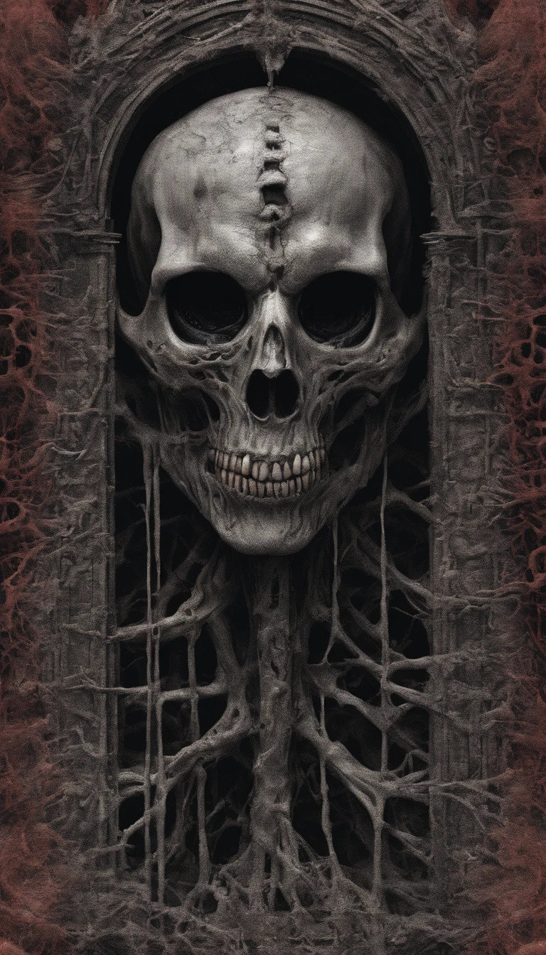 (ultra - detailed, A high resolution, Best quality at best, actual:1.37), Blood-red skull, Bone structure, full-body portraits, The presence of demons, fleshy texture, Surreal art, vivd colour, dramatic lights