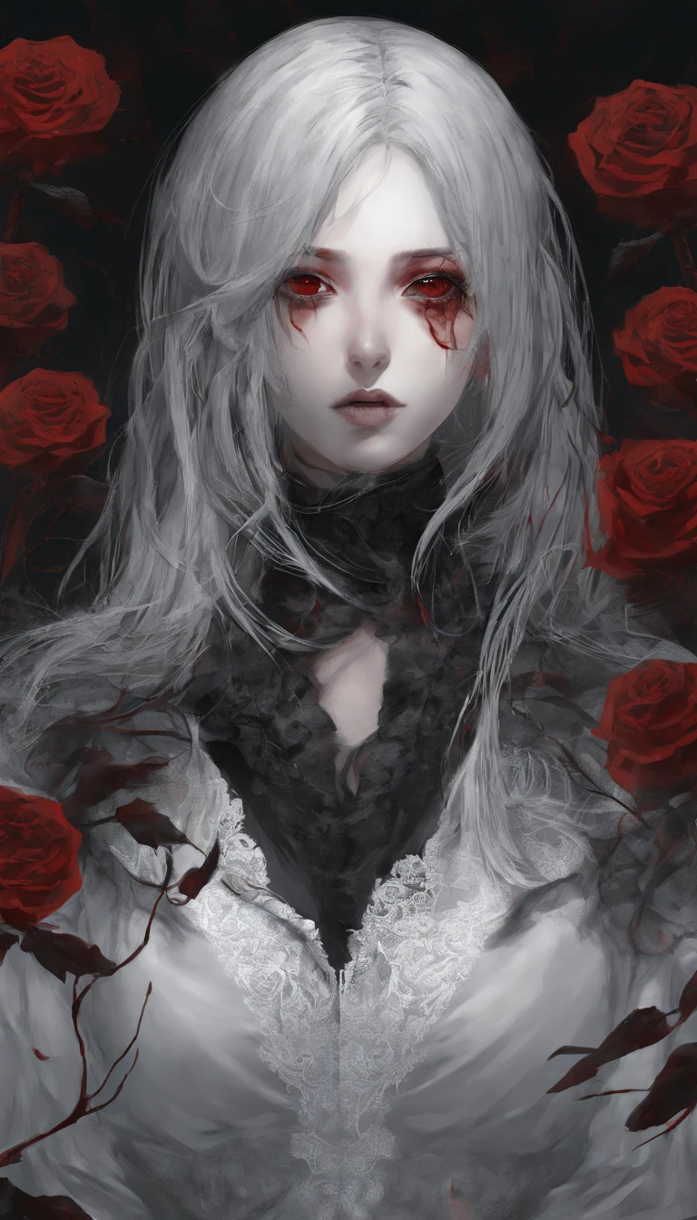 1girl,solo,1girl,solo,((beautiful detailed eyes)), (detailed light),depth of field,(white hair),silver eyes,hair over one eye,(red flower ), hair flower,long hair,black cloak,wet,emotionless,looking back,night,starfall,raining,fog,red flowers falling,sketch,upper body,intense shadows,