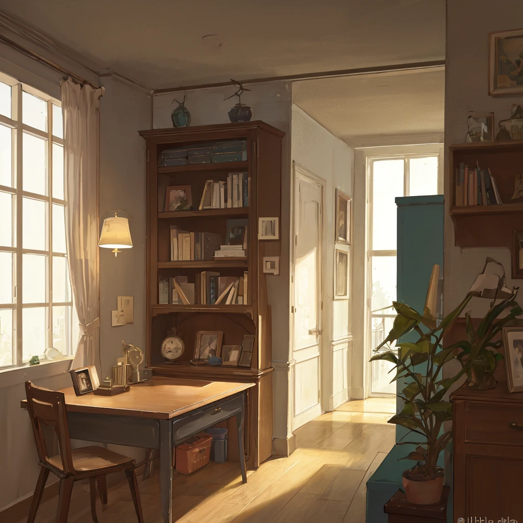 Room containing a desk, a lamp, un ordenador, un libro y una sola placa de reconocimiento colgado en la pared del fondo