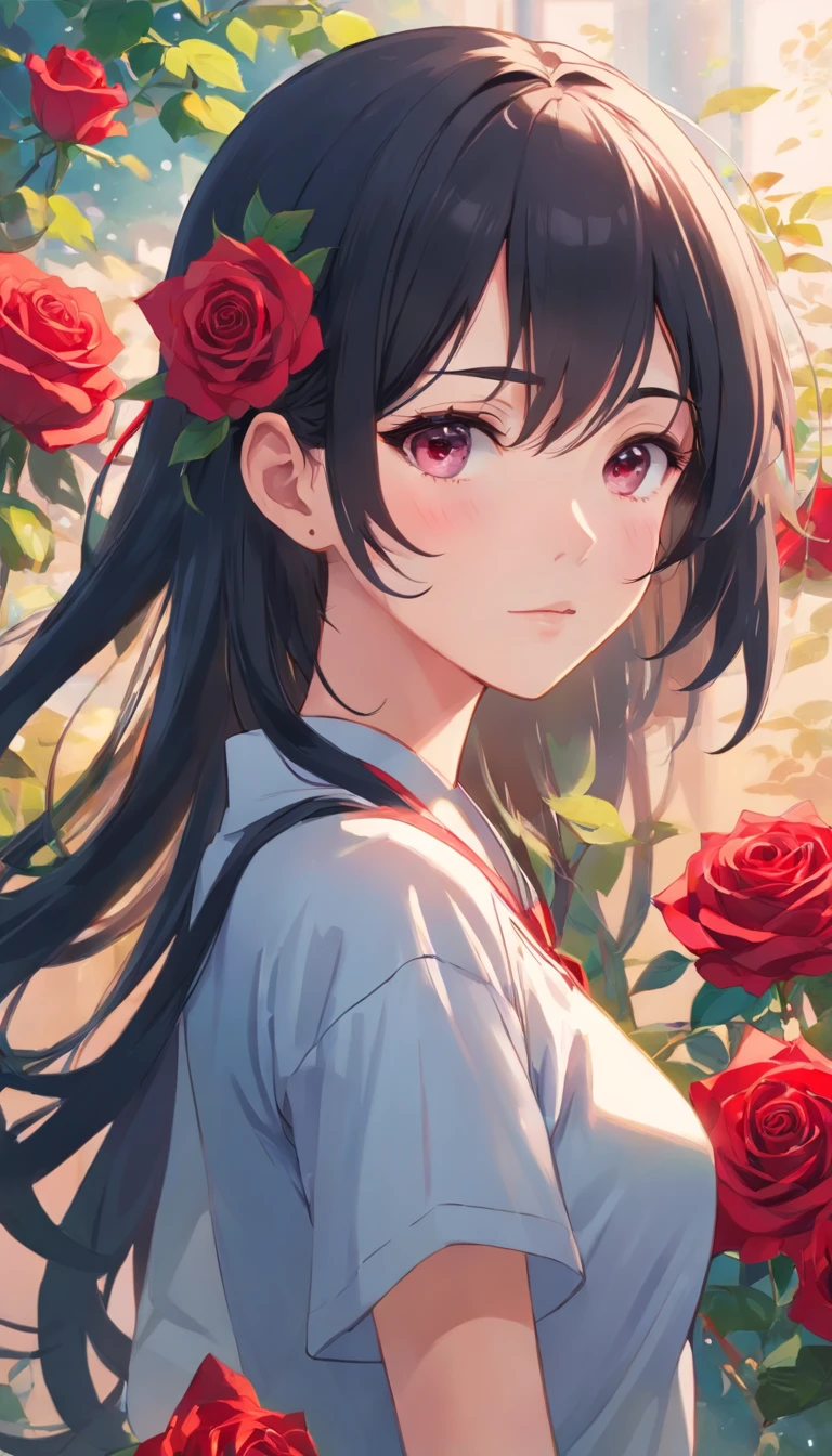 animemanga girl，Long black hair，whiteskirt，red rose, Tattooed with, Delicate and beautiful eyes, guweiz, guweiz on pixiv artstation, detailed digital anime art, Beautiful anime girls, guweiz on artstation pixiv, Anime style 4k, Guys, a beautiful anime portrait, detailed portrait of an anime girl, detailed anime art, beautiful anime woman