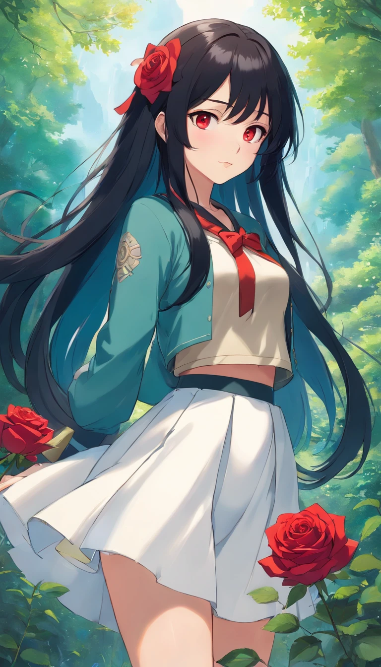 animemanga girl,Long black hair,whiteskirt,red rose, Tattooed with, Delicate and beautiful eyes, guweiz, guweiz on pixiv artstation, detailed digital anime art, Beautiful anime girls, guweiz on artstation pixiv, Anime style 4k, Guys, a beautiful anime portrait, detailed portrait of an anime girl, detailed anime art, beautiful anime woman