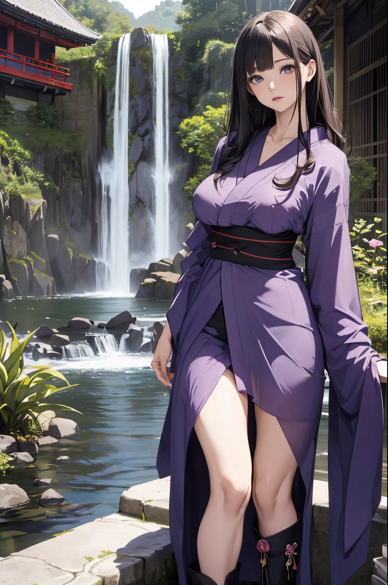 ((Japanese-style architecture on the banks of a dark waterfall)),((Japanese-style building with a terrifying atmosphere)), ((Next to a beautiful waterfall basin)), ((Sharp bewitching eyes))、((A sexy))、pale skin、(((1 girl in:1))), ((pale skin))、Melancholy beautiful face、Beautiful expression、Sexy face、Nipple bumps, (((Lower breast)))、knee high socks、(((Beautiful breasts ))), Beautiful 、long boots、Super fine face、Delicat eyes、(Double eyelids)、 (((1 Japan Woman)))、 Beautie, , Wavy Hair、barechested、Underhair、Realism、wetting hair、(Japanese style kimono), ((See-through kimono))、((Black kimono)), Open Wareme, Beautiful , Beautiful hands,not any dressed, I'm not wearing underwear, Female masturbation、Opening legs、squatt、(((erectile nipple)))、long teat、Squat，Spread your legs apart，(M-shaped legs),I wasn't wearing panties，Expose the lower body, (dark purple lipstick)