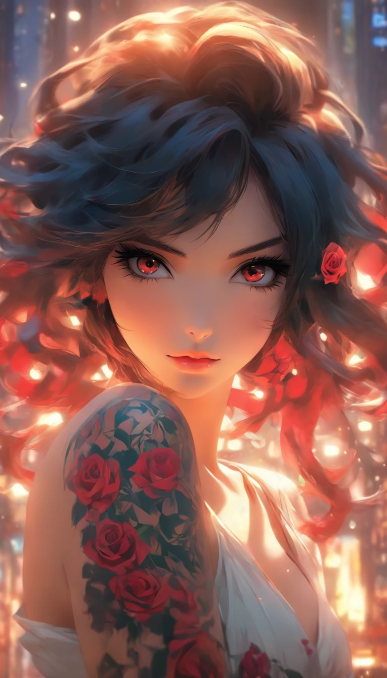 animemanga girl,Long black hair,whiteskirt,red rose, Tattooed with, Delicate and beautiful eyes, guweiz, guweiz on pixiv artstation, detailed digital anime art, Beautiful anime girls, guweiz on artstation pixiv, Anime style 4k, Guys, a beautiful anime portrait, detailed portrait of an anime girl, detailed anime art, beautiful anime woman