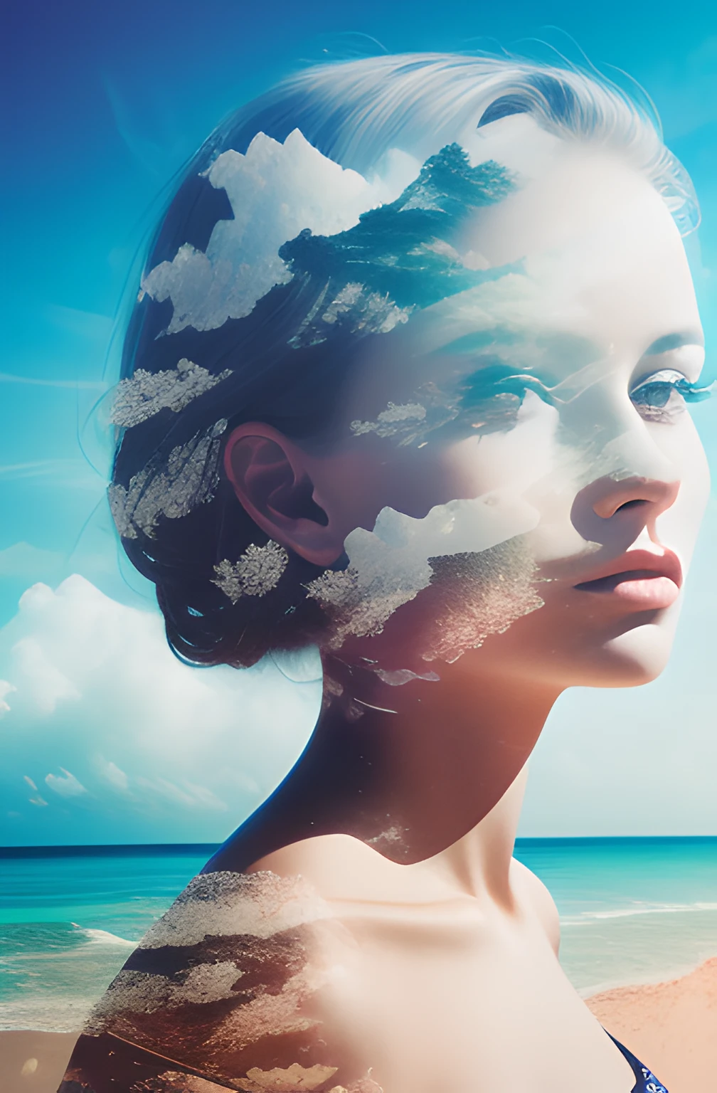 (Double exposure), 1girl, (beach), masterpiece, best quality