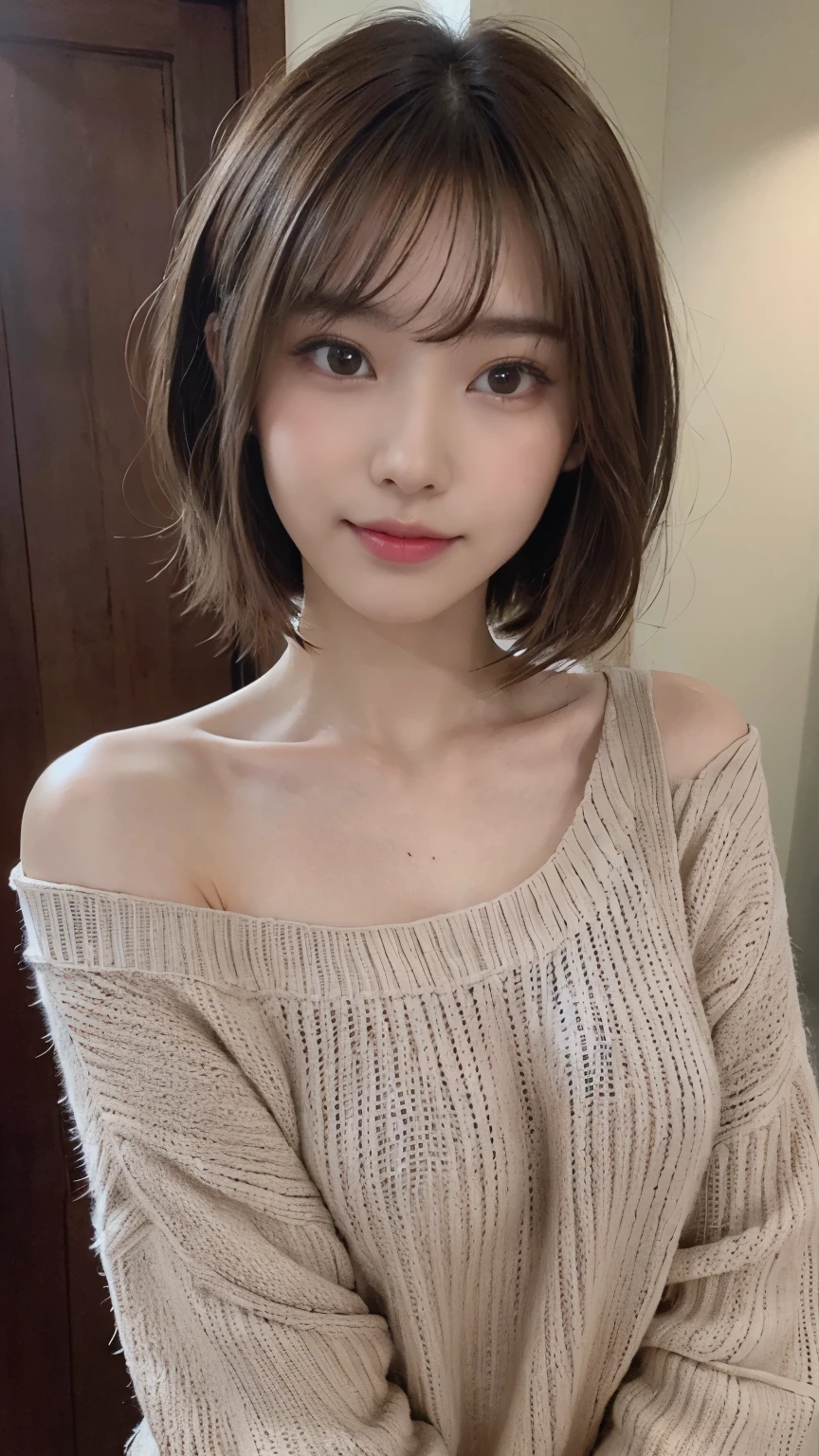 skinny pale Japanese mother, in kitchen, sleeveless sweater, arms up, makeup, (looking at viewer), (extreme closeup amateur shot), blunt bangs, sharp focus, bokeh, epiCPhoto, <lora:picxer_real:1>, <lora:more_details:.6>, <lora:leco_pale_skin_last:-0.6>, ulzzang-6500
