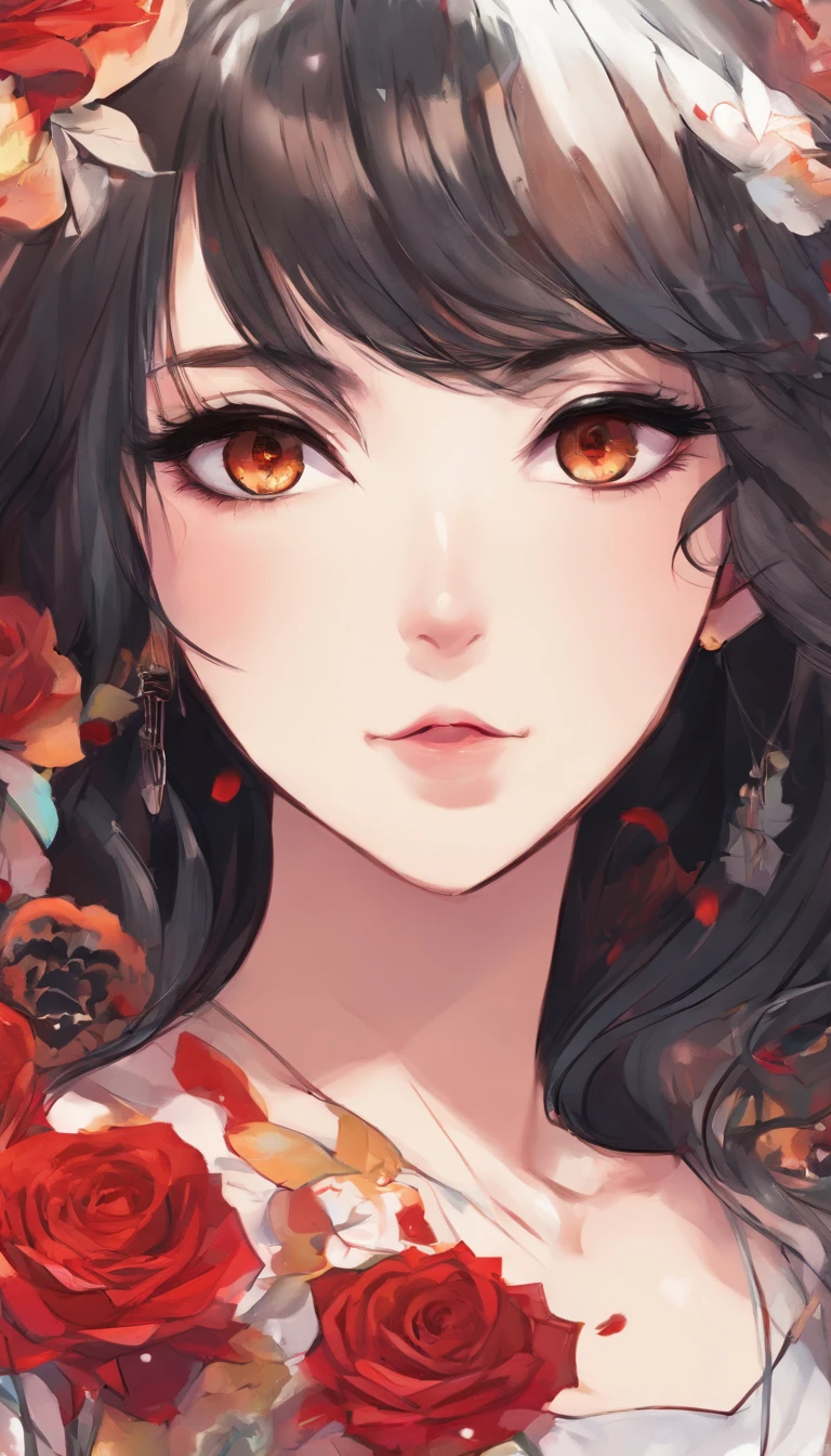 animemanga girl，Long black hair，whiteskirt，red rose, Tattooed with, Delicate and beautiful eyes, guweiz, guweiz on pixiv artstation, detailed digital anime art, Beautiful anime girls, guweiz on artstation pixiv, Anime style 4k, Guys, a beautiful anime portrait, detailed portrait of an anime girl, detailed anime art, beautiful anime woman