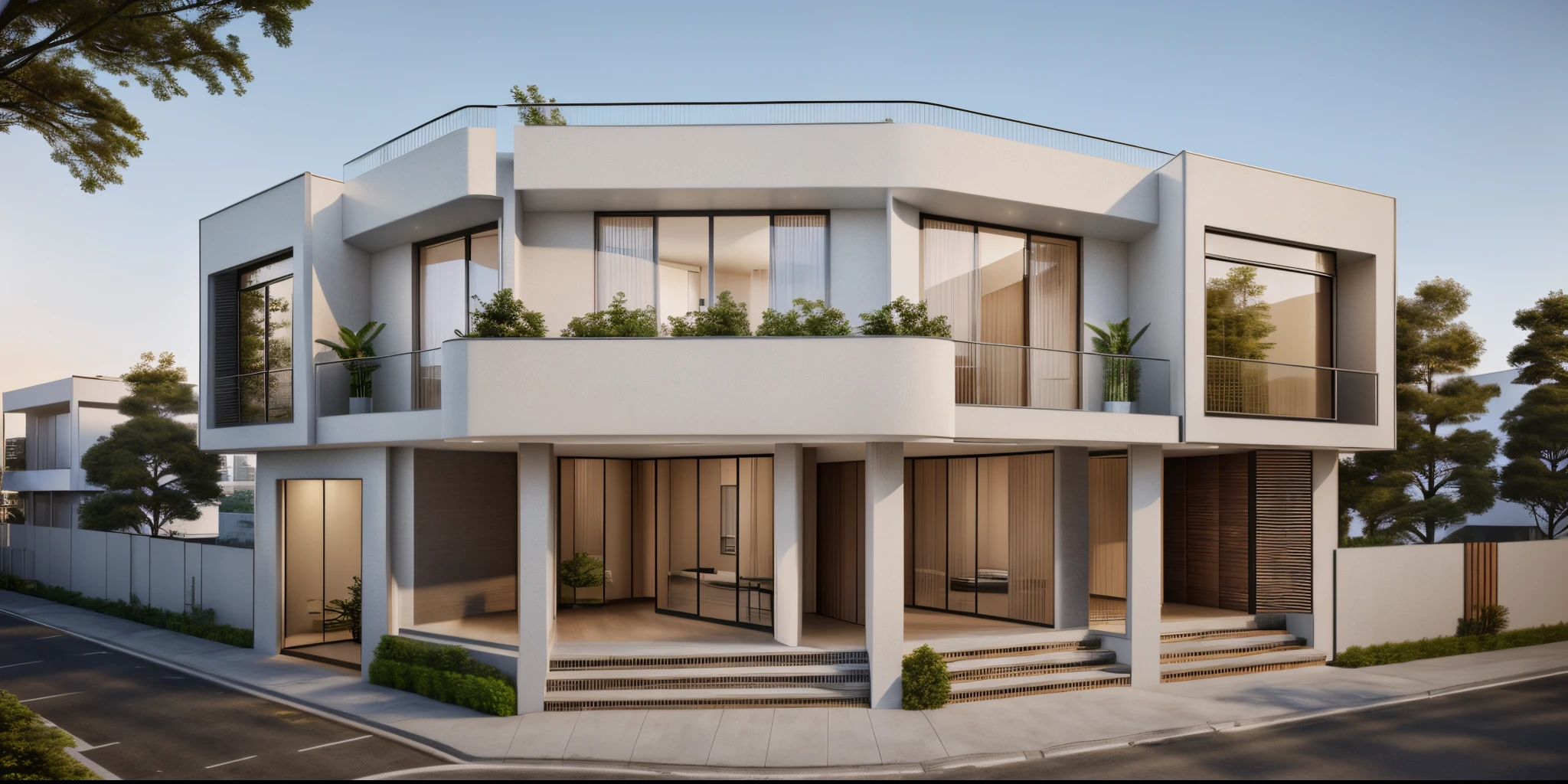 rendering of a modern residential townhouse, professional render, wide angle exterior 2023, highly detailed render, high quality rendering, realistic render, architectural render, high-quality render, detailed rendering, hyper-realistic render, hyper - realistic render, very realistic 3 d render, high render, realistic rendering, very realistic render
