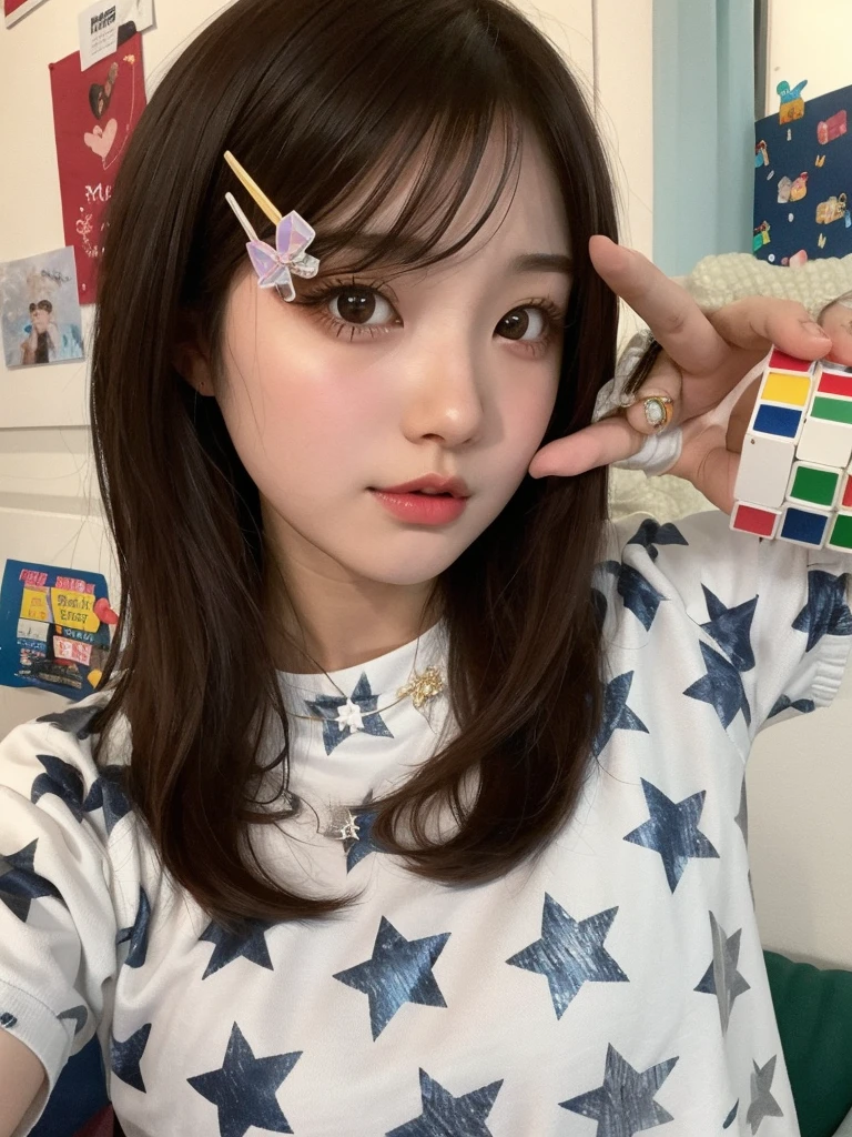 there is a girl holding a rubik&#39;s cube in her hand, Chiho, ulzzang, Sakimichan, Estilo de color Aya Takano, Cabello limpio con flequillo, Jinyoung Shin, con estrellas, Deayami Kojima, por Ayami Kojima, Akasatana en Twitter, Kim Doyoung, Jaeyeon Nam