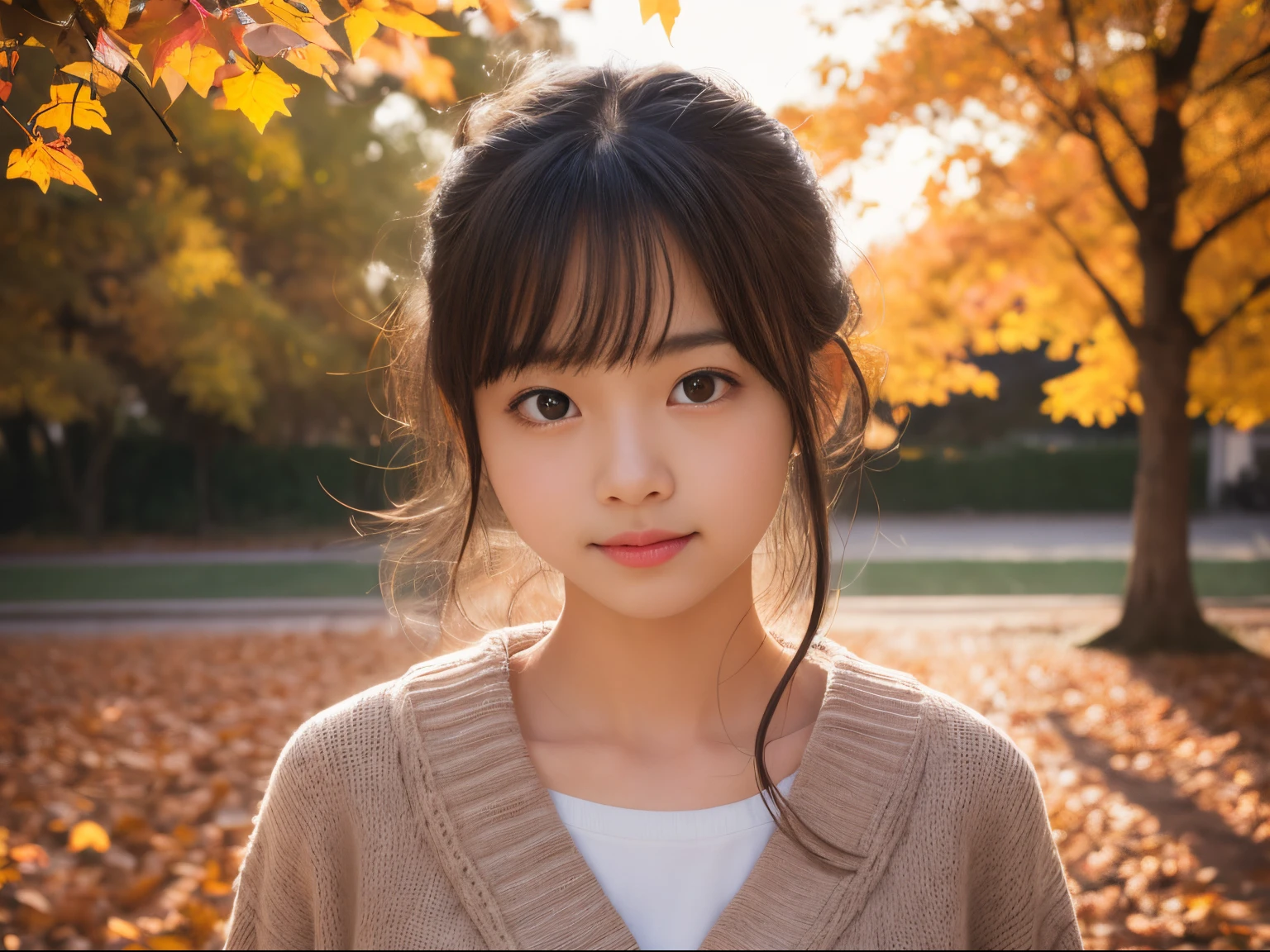 masutepiece, Best Quality, 8K, 10yaers old, Teen, Raw photo, absurderes, award winning portrait, Smile, Solo, Idol face, Delicate girl, Upper body, Digital SLR, Looking at Viewer, Candid, Sophisticated, Thin arms, Professional Lighting, Film grain, chromatic abberation, (Eyes and faces with detailed:1.0), (Bokeh:1.1) , (autumn leaves in background、The silhouette is beautiful with the reflection of sunlight in the glittering backlight.:1.2) , closes mouth , Sailor Uniform , Yarn Sweater、Cardigan、A dark-haired , tiny chest、(a beauty girl:1.2)、(Super Cute:1.2)