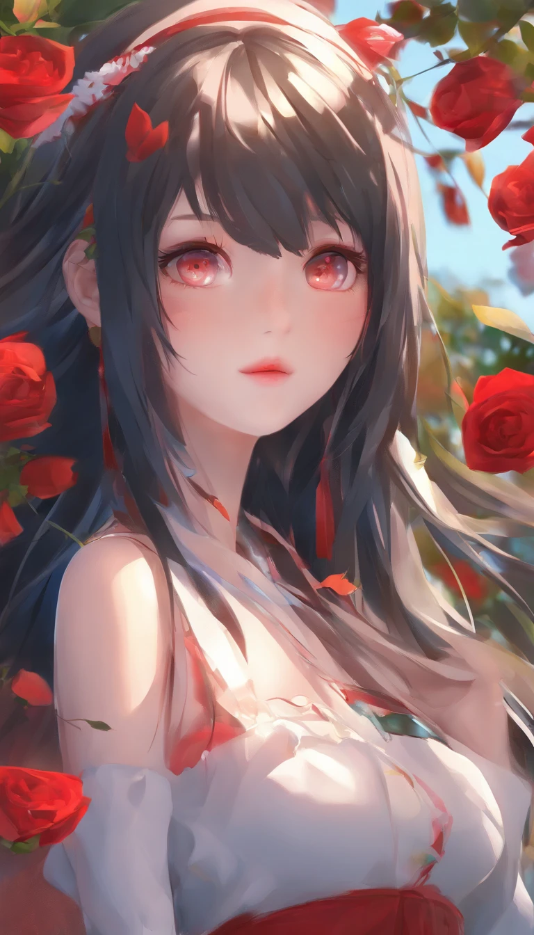 animemanga girl，Long black hair，whiteskirt，red rose, Tattooed with, Delicate and beautiful eyes, guweiz, guweiz on pixiv artstation, detailed digital anime art, Beautiful anime girls, guweiz on artstation pixiv, Anime style 4k, Guys, a beautiful anime portrait, detailed portrait of an anime girl, detailed anime art, beautiful anime woman