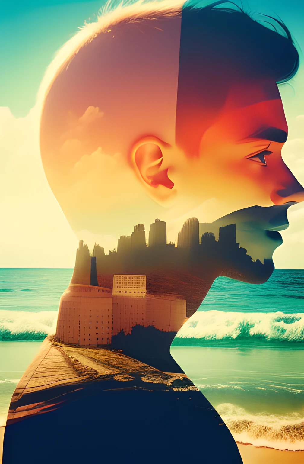 (Double exposure), 1boy, (beach), masterpiece, best quality