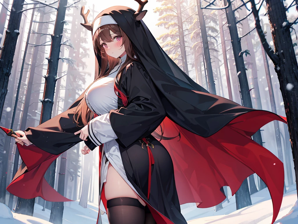 long hair, brown hair, (nun), big breasts, Big ass, Deer antlers,heavy body, large body, venus body, red blush, stockings, winter forest background, dagger, hollor,