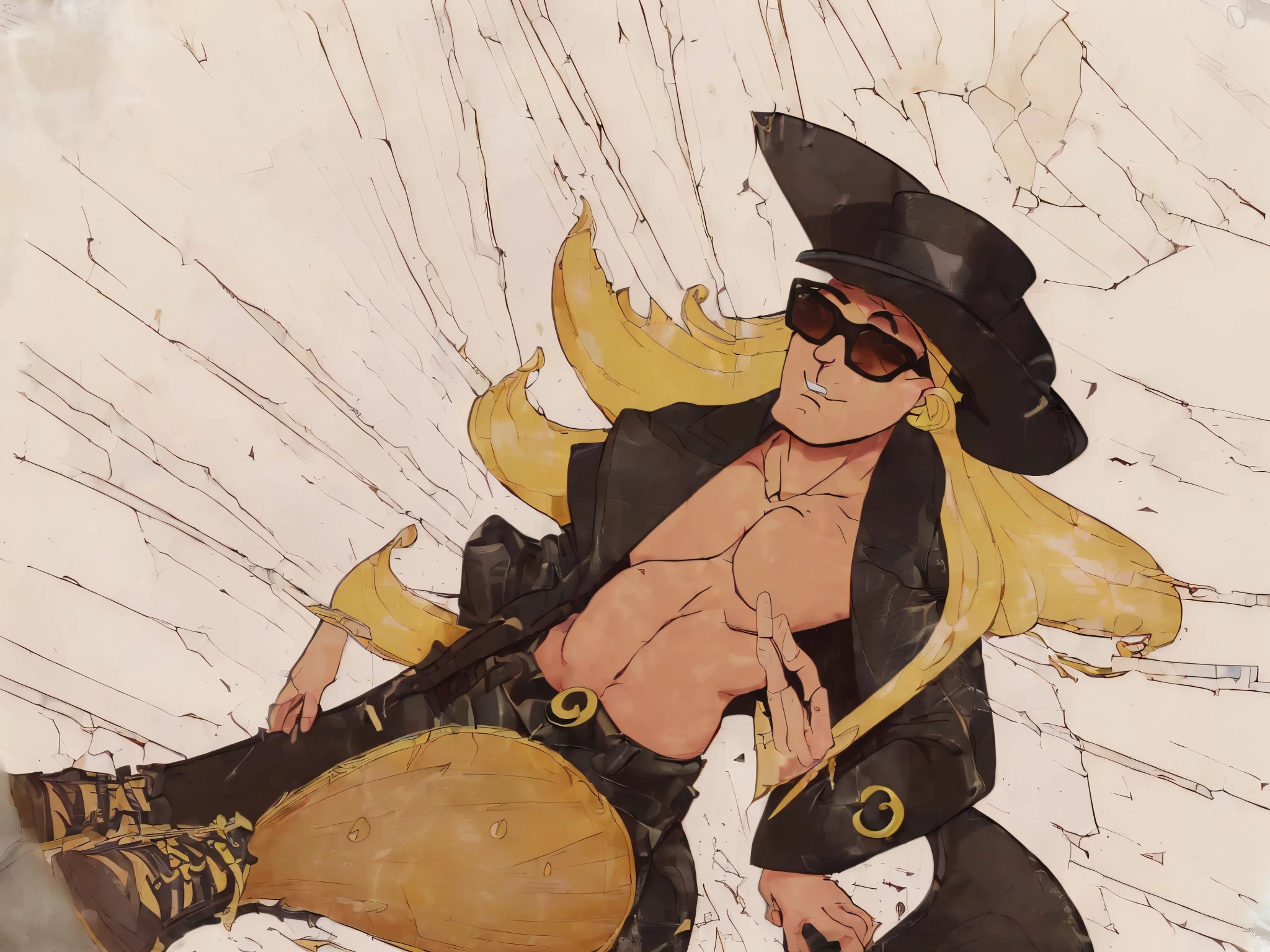 Cartoon, comic, (Luscious completely flattened:1.9), (Luscious completely squashed:1.9), (Luscious completely trampled on:1.9), johnny, (black coat:1.5), (black pants:1.5), open clothes, (blonde:1.5), hat, (cracked sunglasses:1.5), belt, abs, pectorals, very cracked floor, earthquake
