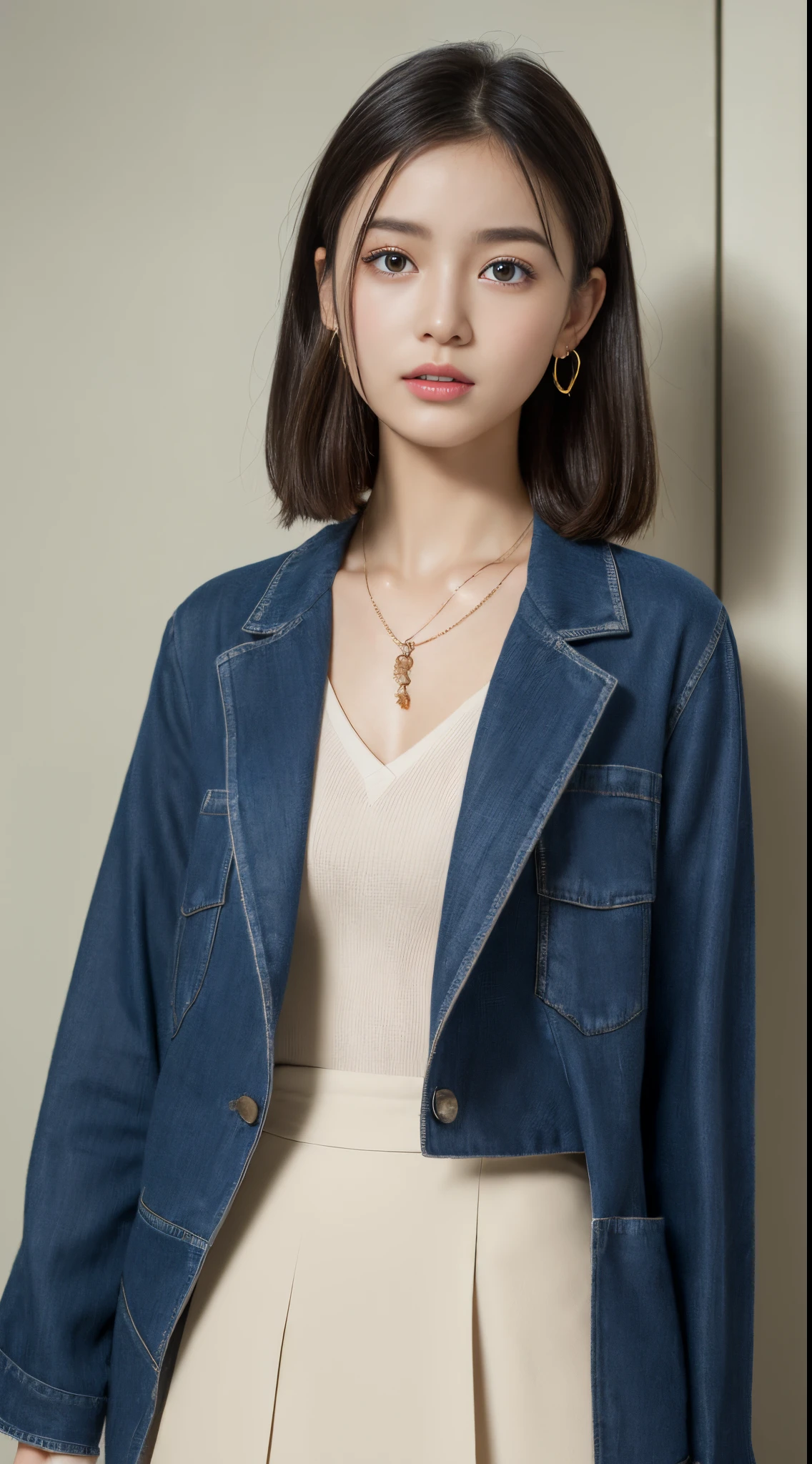 (((32K,very high res, high detailing, highly accurate,Masterpiece Girl 1))),Raw photo & realistic atmosphere,beautiful dark blue eyes,Detailed mouth,Glossy lips,Detailed eyebrows,Soft white skin that shines with every detail,,Eyes drawn in detail、Very beautiful eyes with azure eyes,Detailed lips、Very beautiful face,Very well-formed face、Lifelike face,shiny beautiful lips,Beautiful eyebrows,Infinite reality,Best design,(Insanely cute sober Japan 17-year-old high school girl,Toned body,thighs thighs thighs thighs,Slender legs,small and beautifully shaped breasts,Very cute beautiful girl,small tits:1.5),Best Natural Makeup,Japanese ido,Japanese ido,Young sensual idol,Moist eyes,Dark beautiful eyes,Beautiful butt,beauty legs:1.3),超A high resolution、,Natural and realistic face,Back lighting,Pure eyes are too cute,(((photorealisim,Photograph the whole body))),,Reality Live Action,(Earrings that look fashionable,,a necklace,A bracelet,gyuru,Glossy nail art,Clothes like a girl,,Girlish clothes,,Dress up elegantly and cutely,Tailored jacket,Ruffled Inner Blouse Beautiful Draped Skirt,Beautiful fashionable girl with little exposure,Light Brown Fluffy Perm Medium Hair,独奏,Lori,chew a little,full body Esbian:1.7)