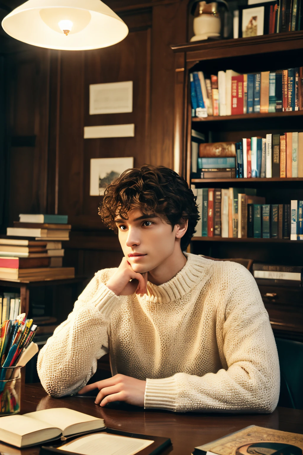 23 year old white male, Dark brown curly hair, new and beautiful, Know、Sophisticated style, Wearing a white high-neck sweater、Looks like a male model, sitting at the desk in the study, Facing forward.、The background is a room with lots of books and houseplants.（It&#39;s a little blurry） 、Upper body angle of view、real super real、 Cinematic 8K、３D