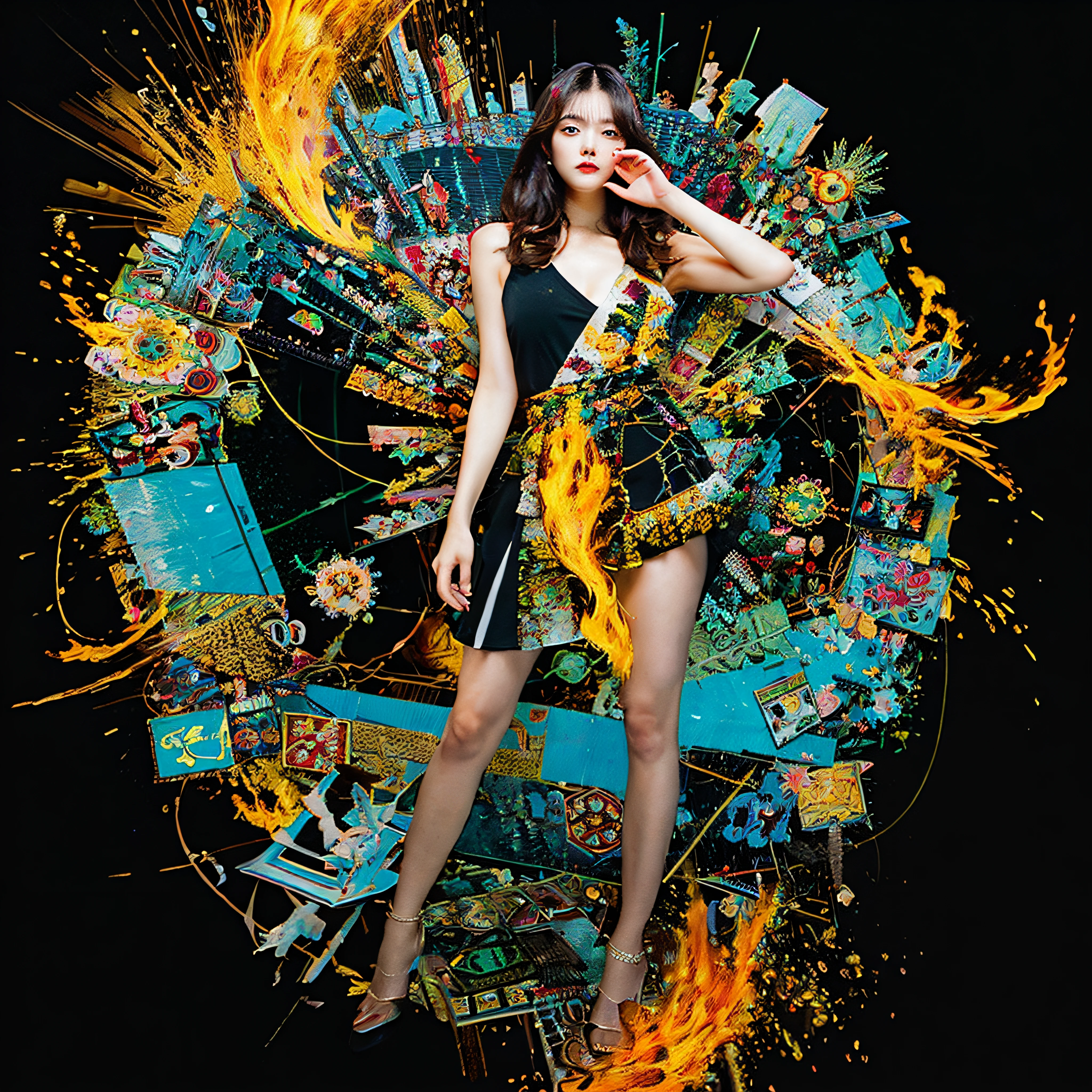 Official art, Unity 8k壁纸, ultra-detailliert, Beautiful and aesthetic, masutepiece, Best Quality, (Zentangle, mandalas, Tangle, Entangle), (Fractal Art:1.3) , 1girl in, Extremely detailed, Dynamic Angle, cowboyshot, Most Beautiful Form of Chaos, Elegant, a brutalist designed, vivd colour, romanticism, by james jean, roby dwi antono, by Ross Tran, Francis Bacon, michal mraz, Adrian Ghenny, petra cortright, Gerhard Richter, Ashley Wood, Atmospheric, double exposure, Fluid abstract art, glitched, ( fusion of limited color, maximalism artstyle, geometric artstyle, fire, junk art),