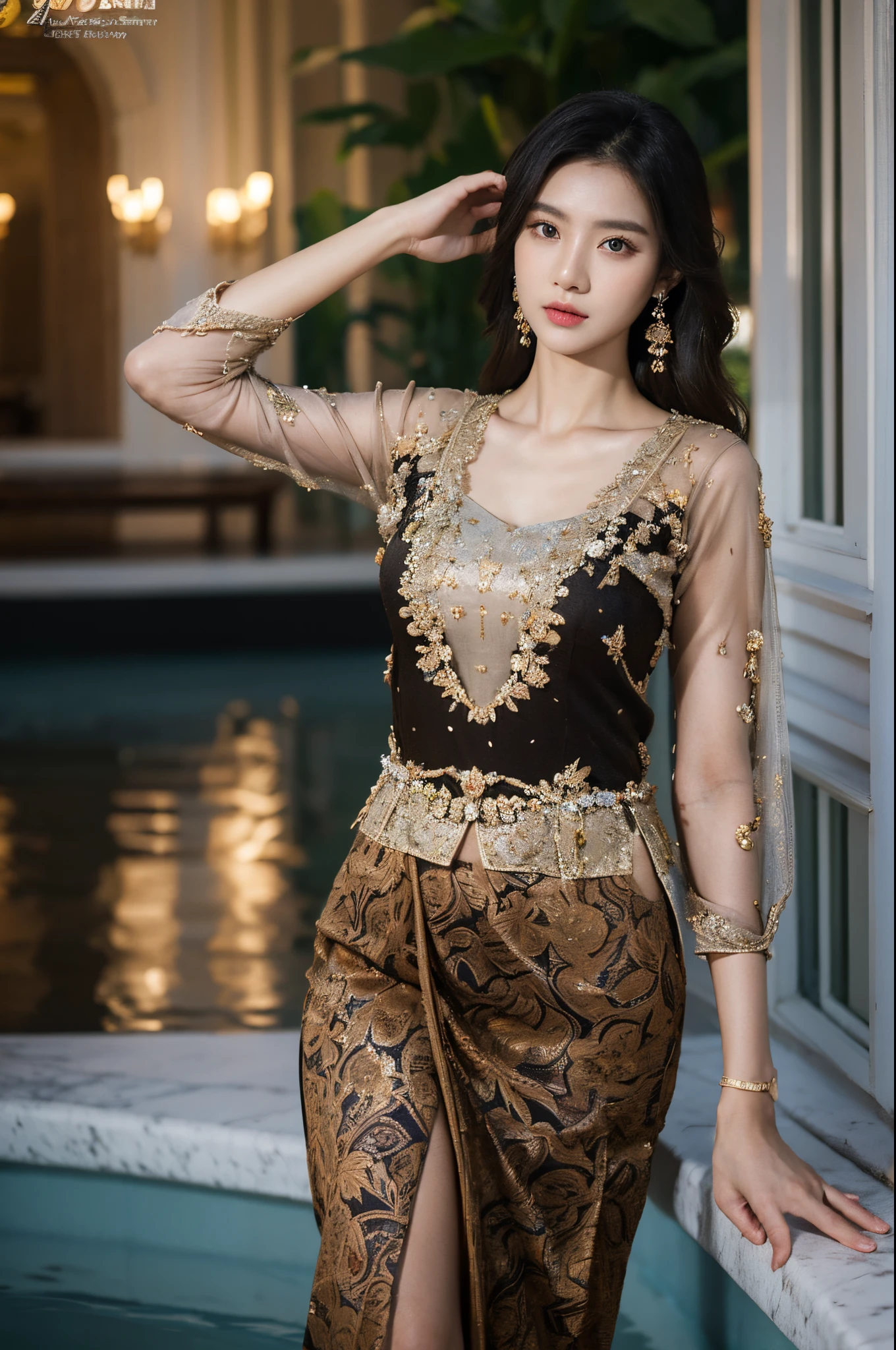 1girl, 175cm,korean model, golden Chinese headress, very wet skin, facial expression, 23 years old, soft body, black hair, wavy hair,whole body, hair reaches waist, whole body,((head to leg)), black bracelets, black chain,((wearing brown Kebaya)), floral pattern long skirt, large earrings,close-up, 8k, RAW photo, best quality, masterpiece,realistic, elegant standing pose, photo-realistic,seductive,cute,royal palace background, rchelcia, looking into viewer