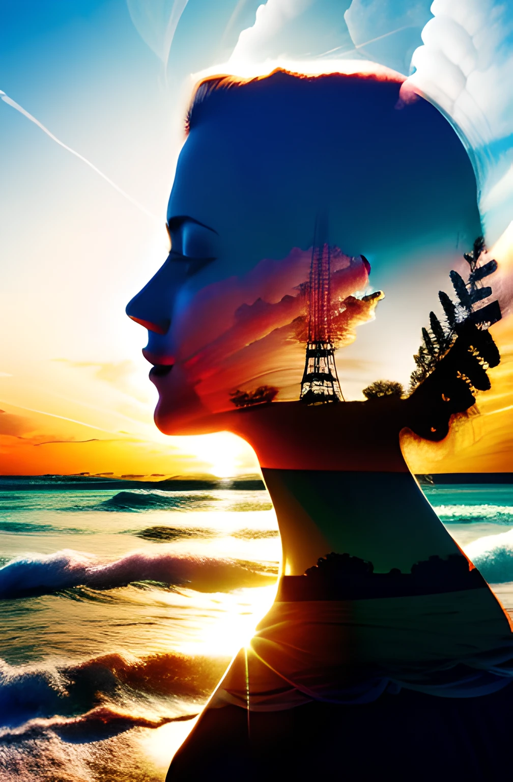 (Double exposure), 1girl, (beach), masterpiece, best quality