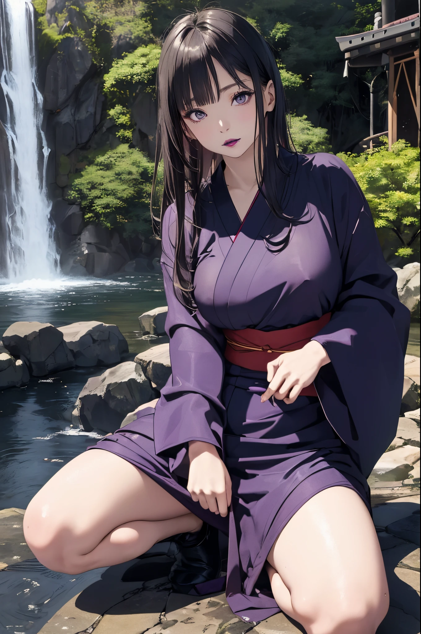 ((Japan-style architecture on the banks of a dark waterfall)),((Japanese-style building with a terrifying atmosphere)), ((Next to a beautiful waterfall basin)), ((Sharp bewitching eyes))、((A sexy))、pale skin、(((1 girl in))), ((pale skin))、Melancholy beautiful face、Beautiful expression、Sexy face、Nipple bumps, (((Lower breast)))、knee high socks、(((Beautiful breasts ))), Beautiful 、long boots、Super fine face、Delicat eyes、(Double eyelids)、 (((1 Japan Woman)))、 Beautie, sixteen years old, Wavy Hair、barechested、Underhair、Realism、wetting hair、(Japanese style kimono), ((See-through kimono))、((Black kimono)), Open Wareme, Beautiful , Beautiful hands,not any dressed, I'm not wearing underwear, Female masturbation、Opening legs、squatt、(((erectile nipple)))、long teat、Squat，Spread your legs apart，(M-shaped legs),I wasn't wearing panties，Expose the lower body, (dark purple lipstick)