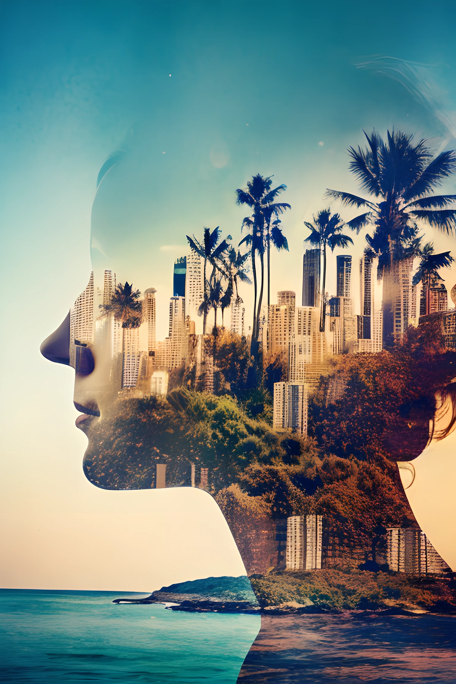 a girl, beach, double exposure