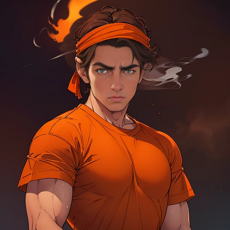 (person:White male,dark brown hair,dark brown eyes,wearing orange shirt,red headband),(viewpoint:looking over his shoulder at viewer),(foreground:smoke)。(best quality,ultra-detailed,realistic:1.37),(photography,sharp focus,studio lighting),(vivid colors)