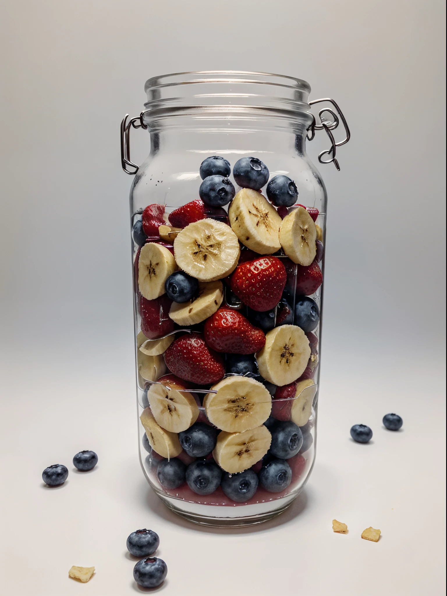 (Best quality,8K,Masterpiece:1.3),NOhumans,Clear glass,There are a lot of strawberries in it、Blueberries and Banana Chips, blend,, detalhe poderoso, intense detail, on the white background, Clear detail, professional,