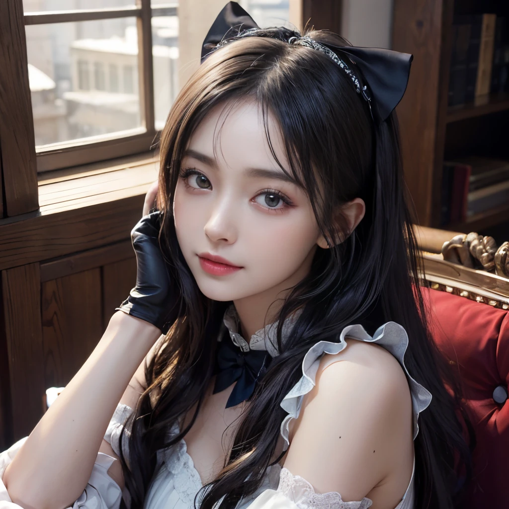 Korean,Realistic, masutepiece, Final details, photographrealistic, intricate detailes, Octane Rendering, 8K, 1girl in, Full body perfect face, Beautiful face, nffsw, Trough reference, Detail Hair,, Black bow, Black Gloves, Black paws, Blue eyes, Blue hair, Bow, 鎖骨, Dress, Drill Hair, frilld, frilld, gloves, Gwen, Head dress, hight resolution, Long hair, Parted lips, Puffy sleeves, Purple eyes, Smile, Solo, White Dress, Oil skin,