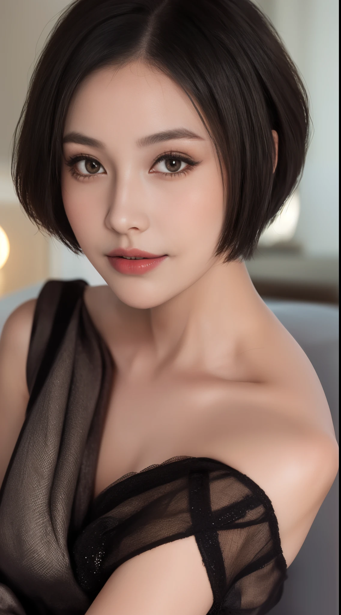 ((Best-quality, Masterpiece, Ultra-High-Resolution, (Photorealistic:1.4), Raw-Photo, Extremely-Details, Perfect-Anatomy)), 1girl, 30-years-old, the most popular actress, watching big-mirror, detailed big-mirror, extremely beautiful face like a most famous Japanese actress, extremely beautiful big-black-solid-eyes, extremely beautiful black-short-cut-haired, extremely beautiful lips, extremely beautiful long-eyelashes, wearing extremely sexy-Christmas-costume