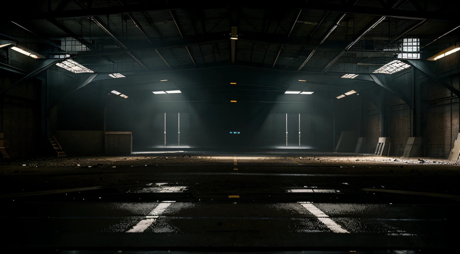 There is light coming from the ceiling, factory background, abandoned night factory, empty warehouse background,dark industrial background, dark industrial atmosphere, dramatic lights. concept-art, Dramatic lighting rendering, Auto show,symetrical composition,smooth flat ground,Flat ground