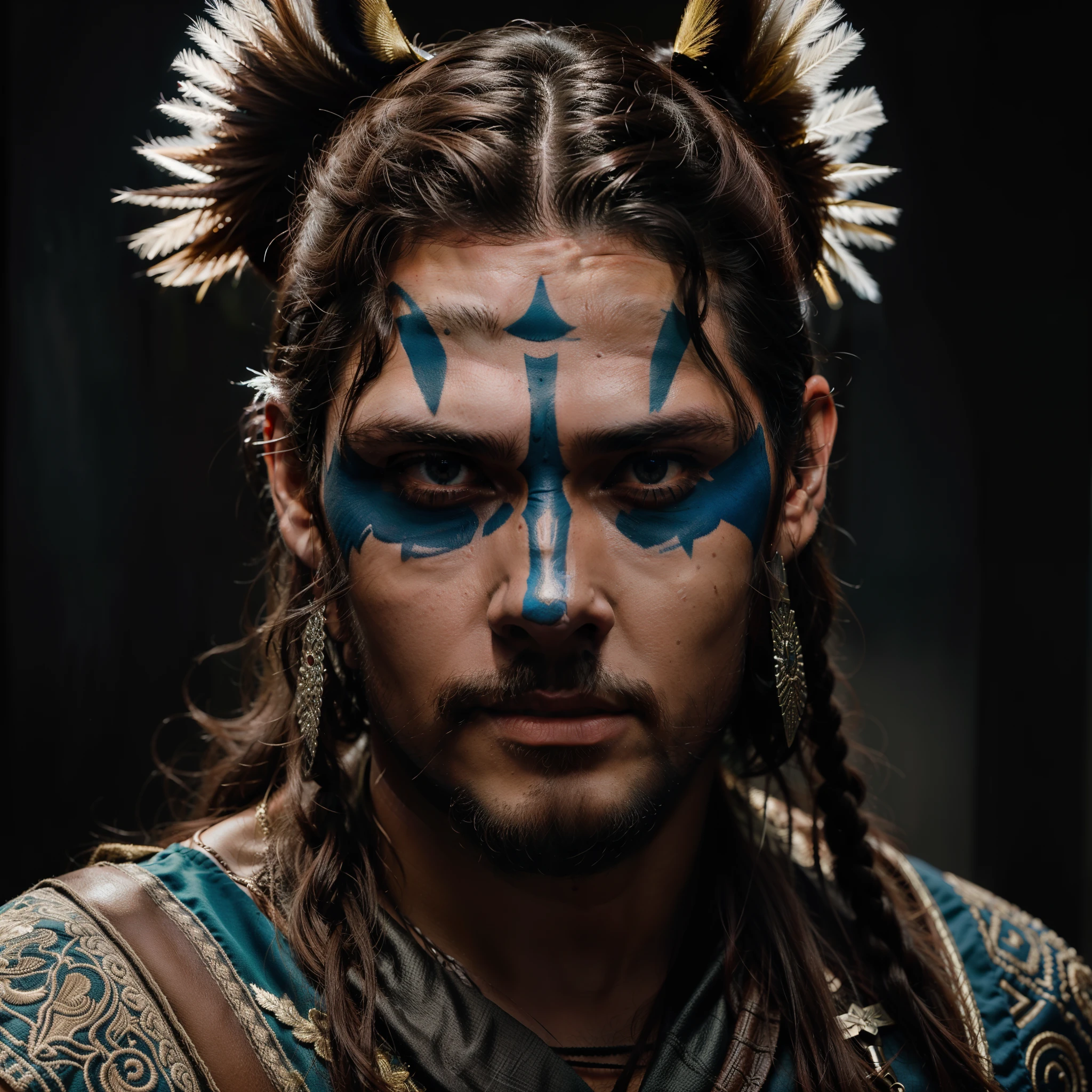 un primer plano de un hombre con ojos azules y un tocado con cuernos, Jason Momoa como Asirio, Retrato de un guerrero masculino, fantasy male portrait, Imagen de un guerrero adulto, Retrato de un guerrero, Retrato de un vikingo, fantasy character portrait, guerrero masculino, Retrato VFX altamente detallado, cinematic shot epic portraits, Guerrero indio, cinematic portrayal, Hombre guerrero